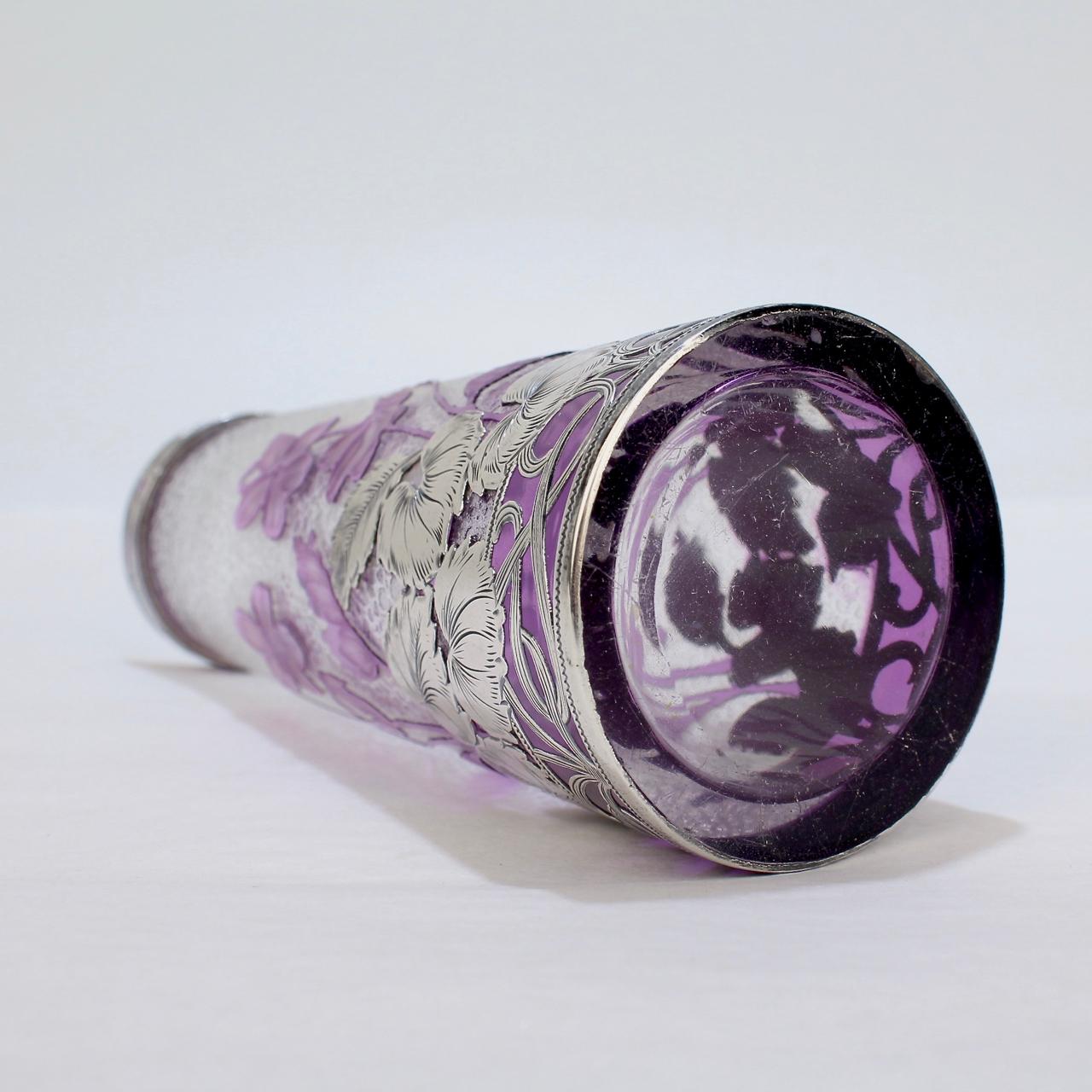 Antique French Burgun & Schwerer Silver Overlay Purple Art Glass Cameo Vase 9