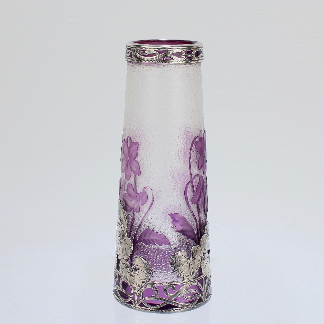 Art Nouveau Antique French Burgun & Schwerer Silver Overlay Purple Art Glass Cameo Vase