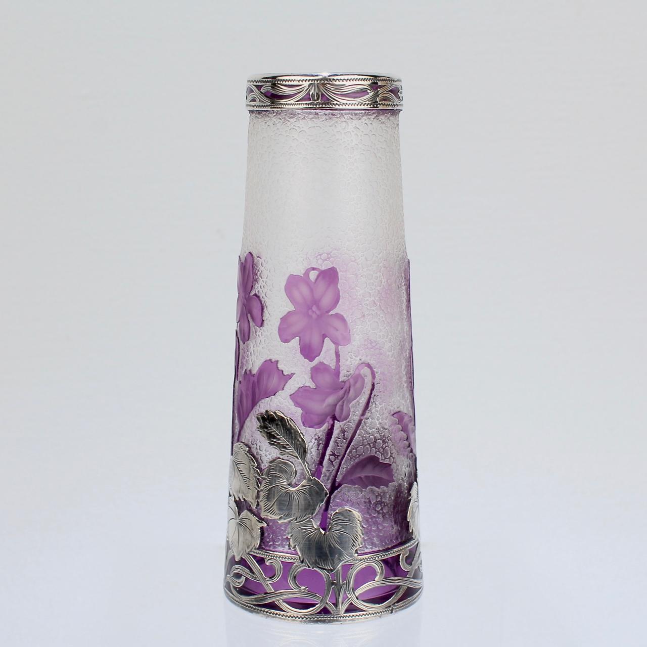 Antique French Burgun & Schwerer Silver Overlay Purple Art Glass Cameo Vase In Good Condition In Philadelphia, PA