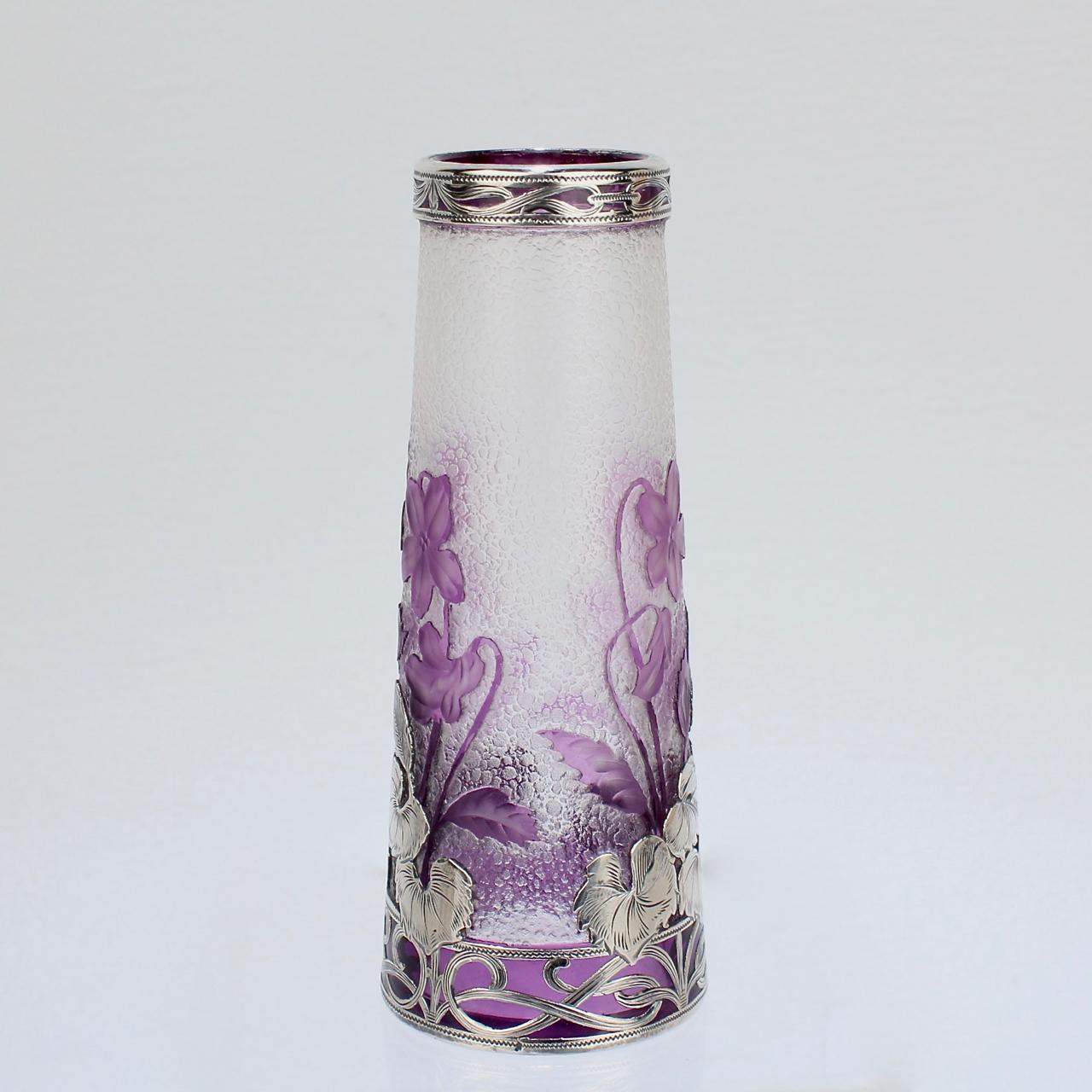 19th Century Antique French Burgun & Schwerer Silver Overlay Purple Art Glass Cameo Vase