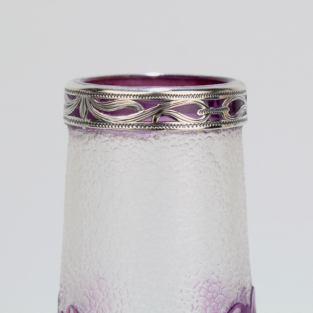 Antique French Burgun & Schwerer Silver Overlay Purple Art Glass Cameo Vase 1