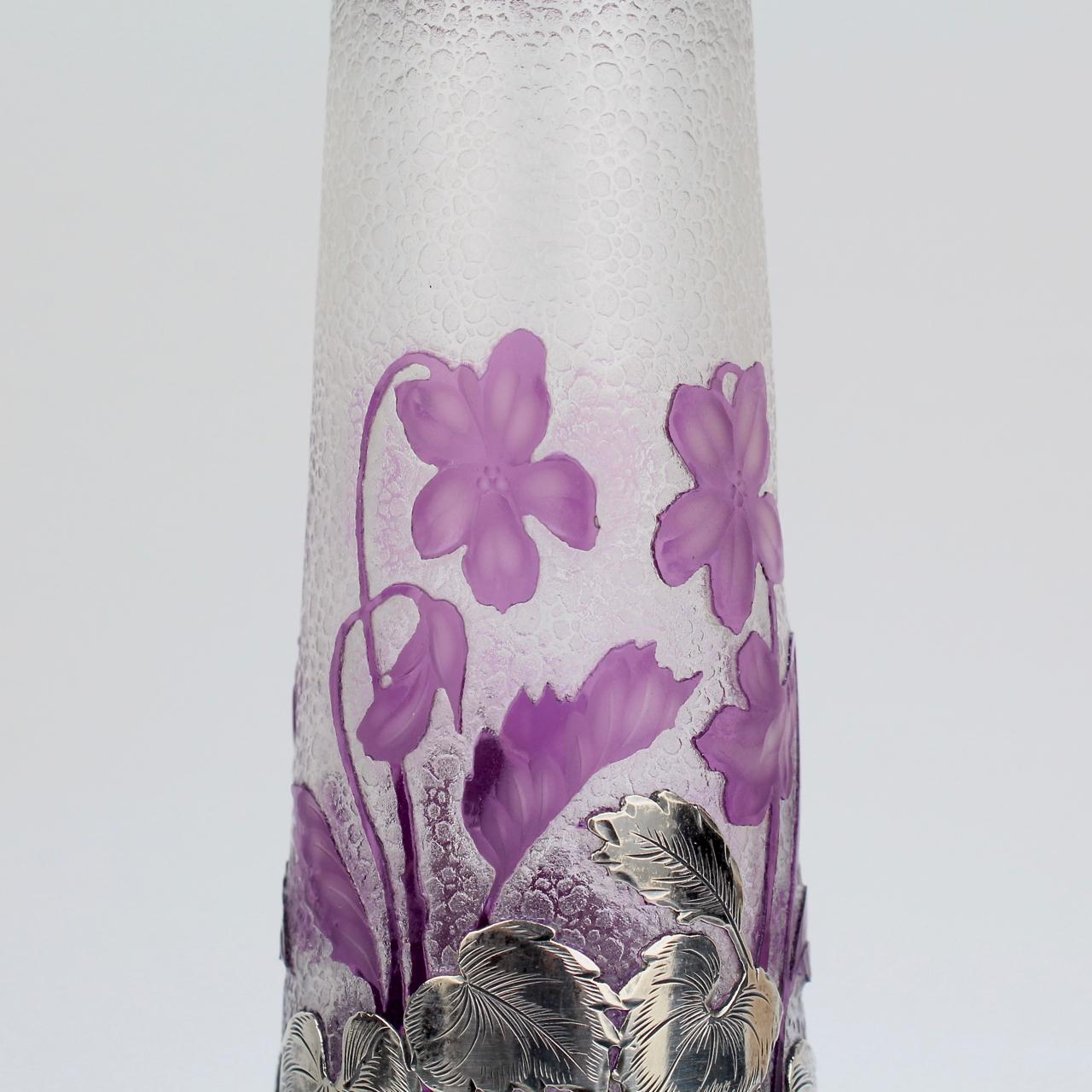 Antique French Burgun & Schwerer Silver Overlay Purple Art Glass Cameo Vase 3