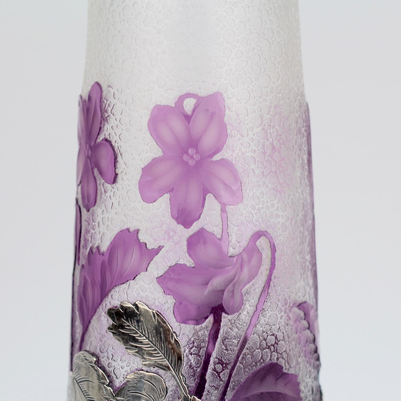 Antique French Burgun & Schwerer Silver Overlay Purple Art Glass Cameo Vase 4