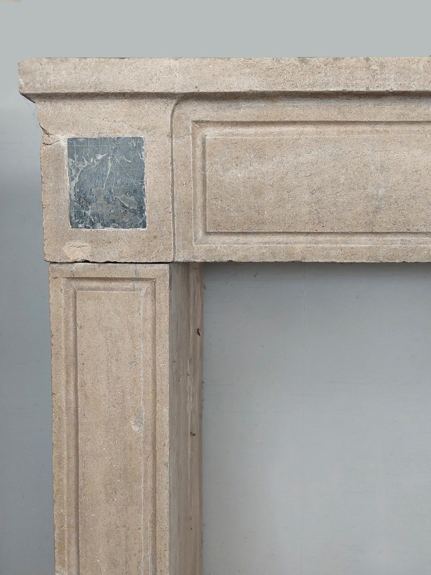 Antique French Burgundian Stone Fireplace with Marble Inlays For Sale 3