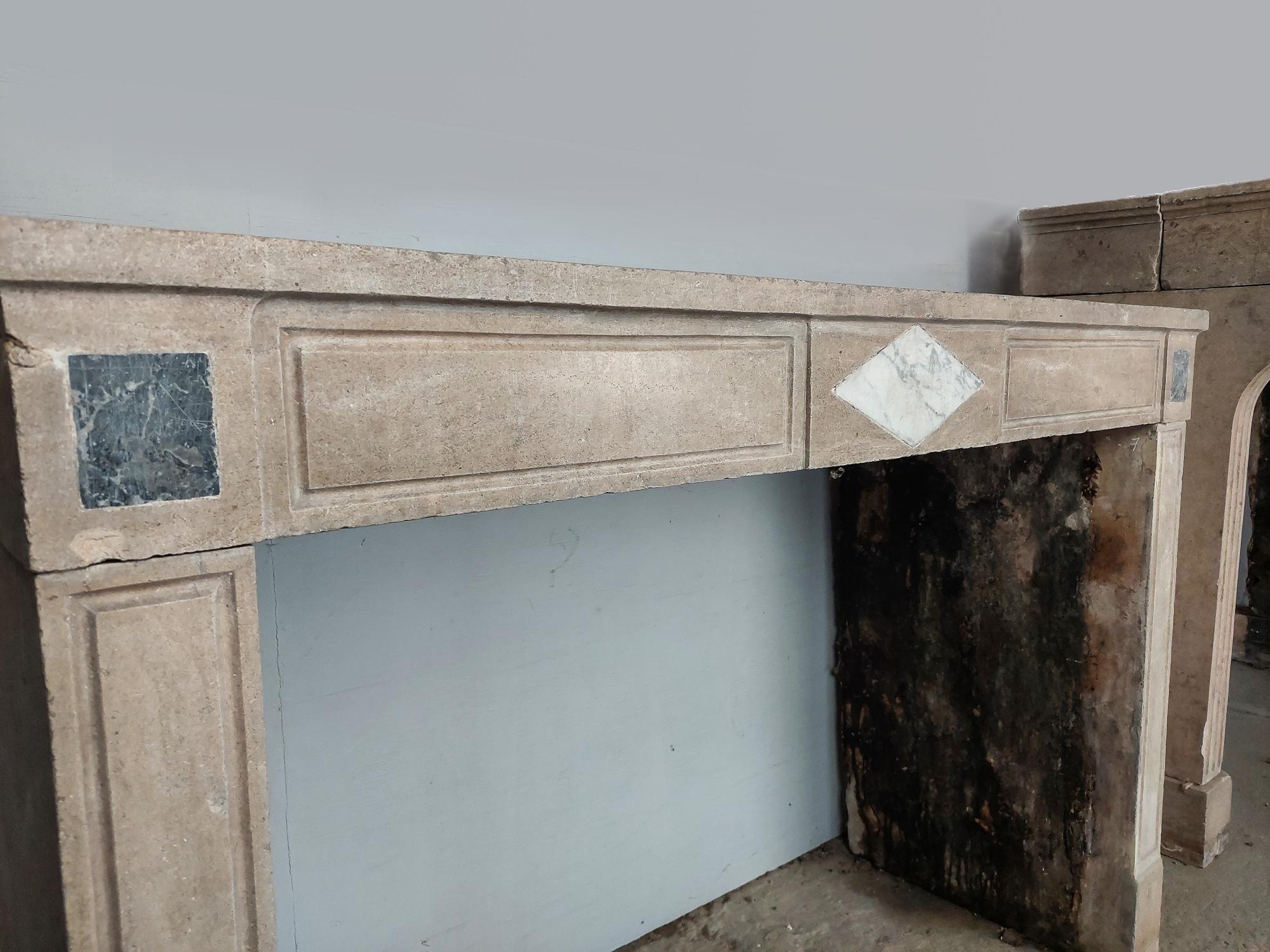 Antique French Burgundian Stone Fireplace with Marble Inlays For Sale 4