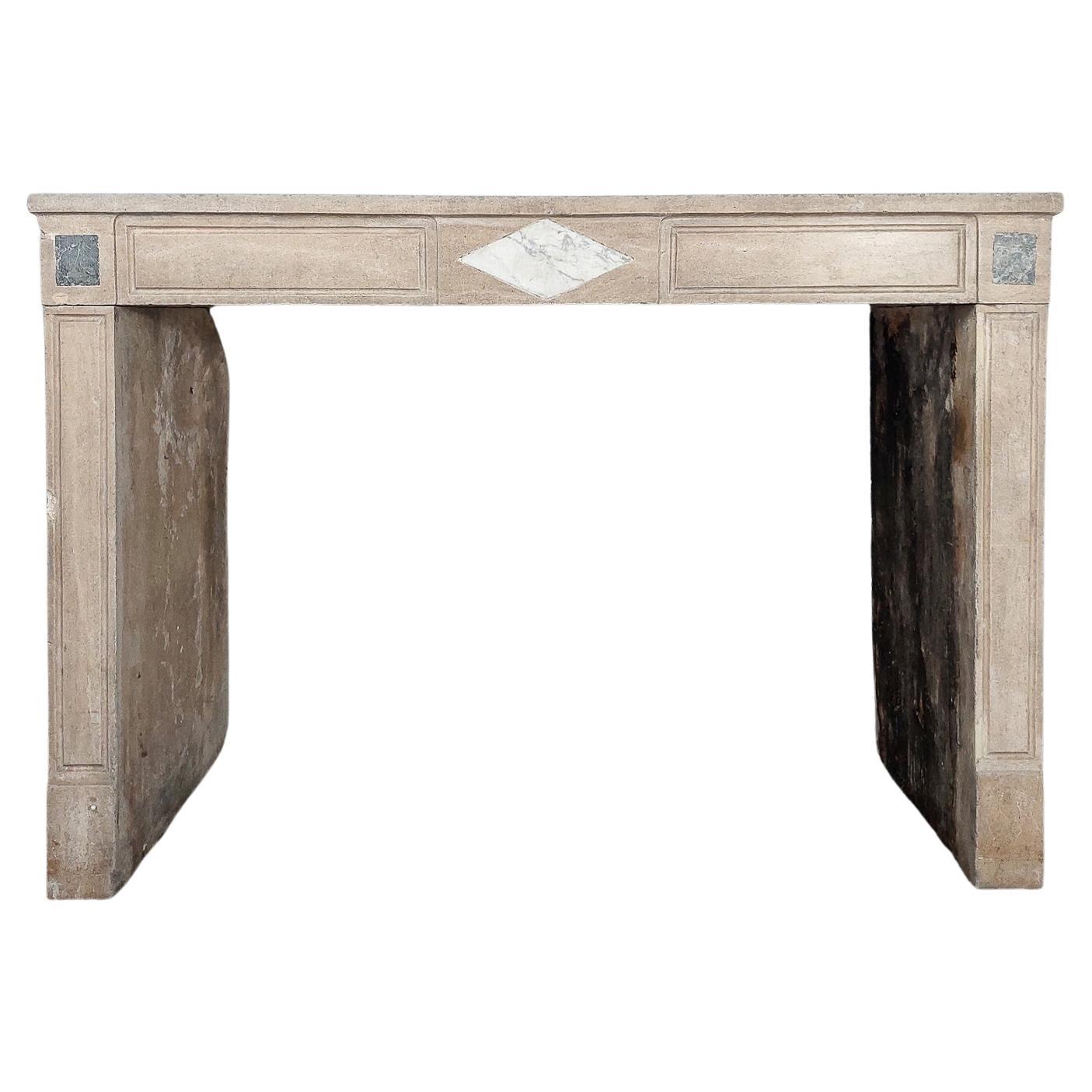 Antique French Burgundian Stone Fireplace with Marble Inlays For Sale