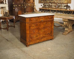 Antique French Burl Walnut Louis Philippe Style Commode White Carrara Marble Top