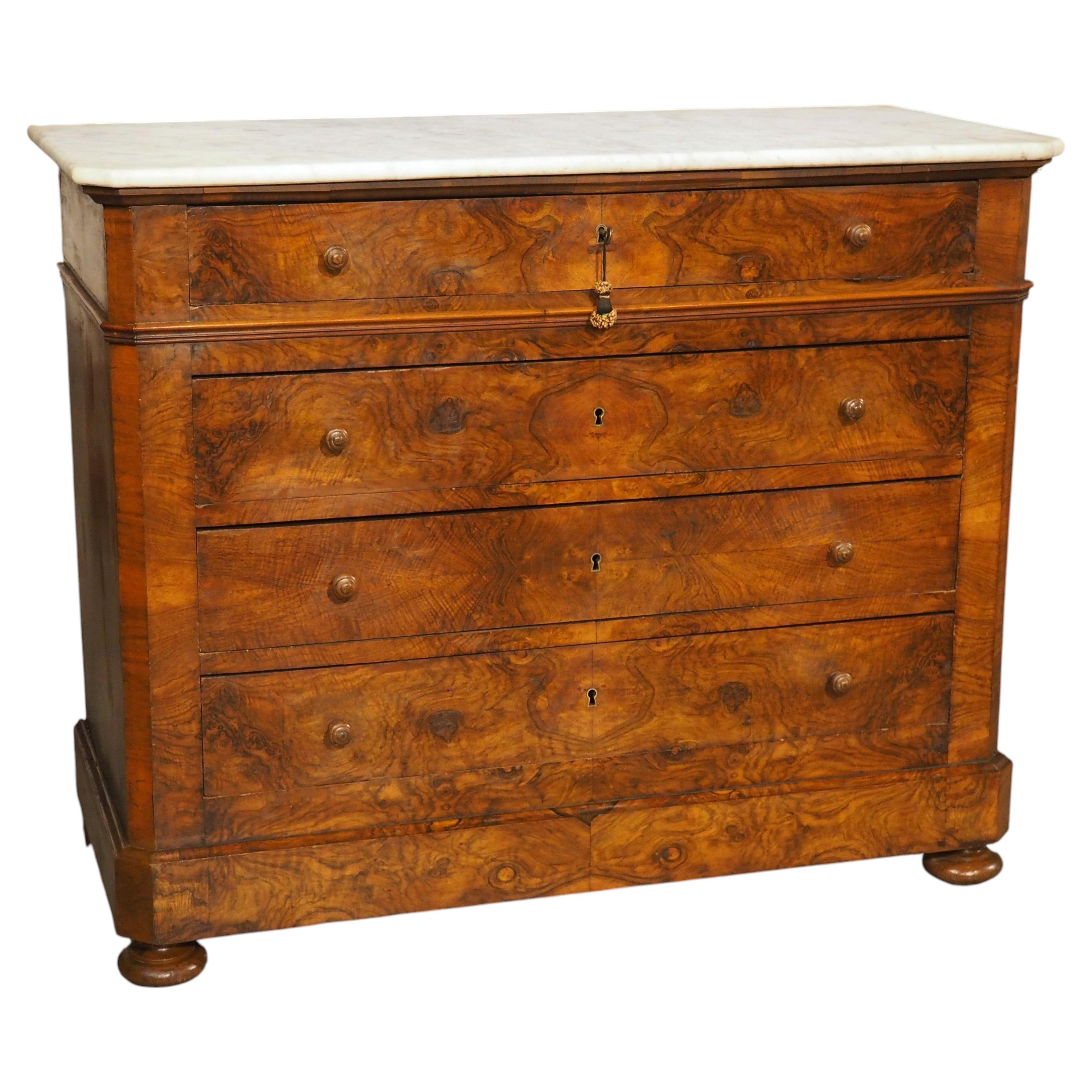 Antique French Burl Walnut Louis Philippe Style Commode White Carrara Marble Top
