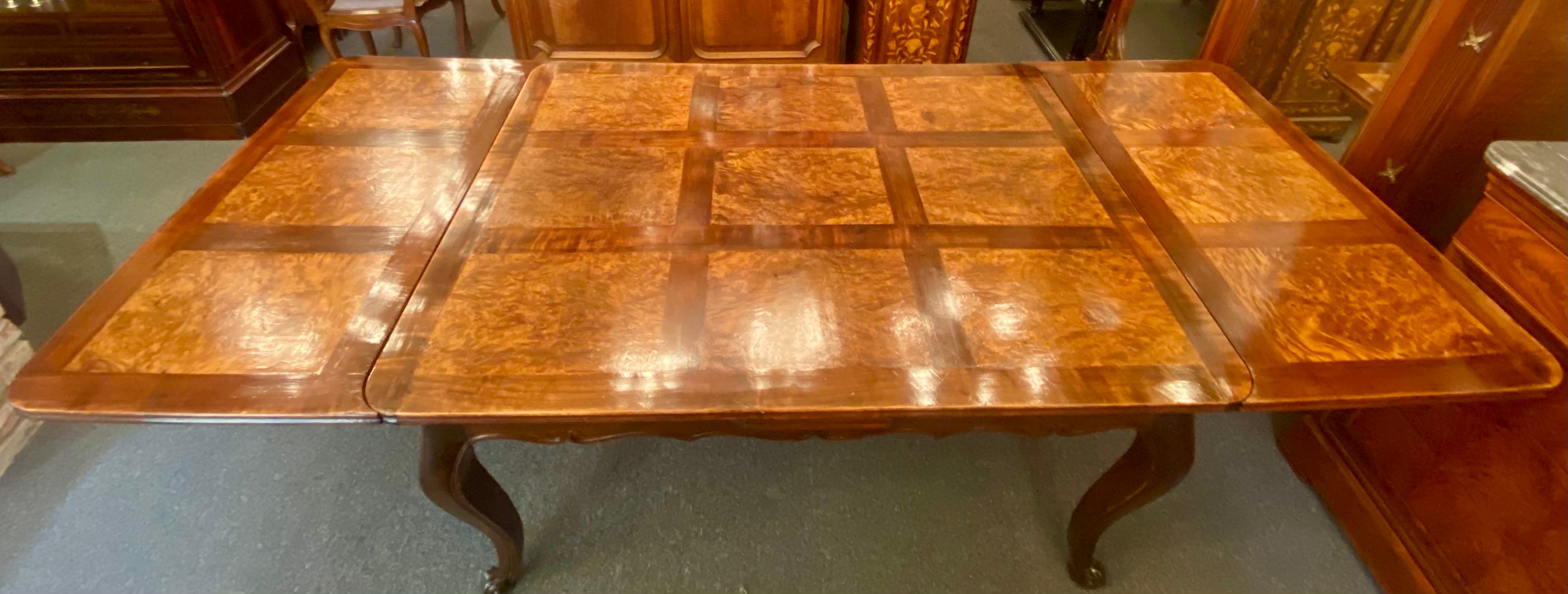 Antique French Burled Walnut Pull-Out Dining Table with Elm Inlay, circa 1900 3