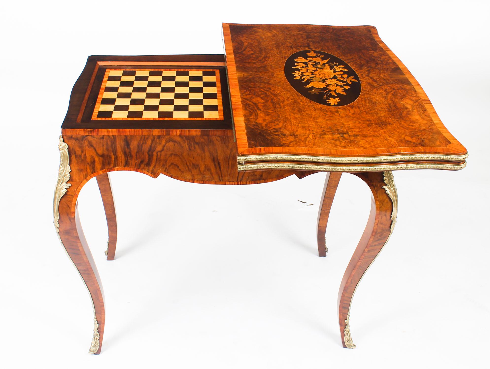 Antique French Burr Walnut Marquetry Card and Chess Table, 19th Century 14