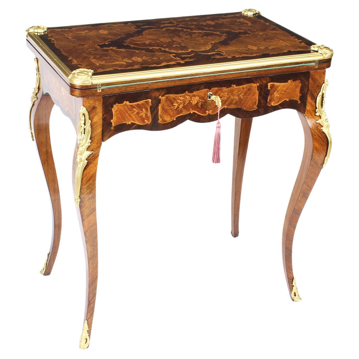 Antique French Burr Walnut Marquetry Card / Writing / Dressing Table 19th C For Sale