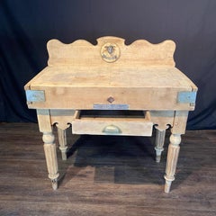 Antique French Butcher’s Block Table With Bull’s Head Mount and Rare Paris Label