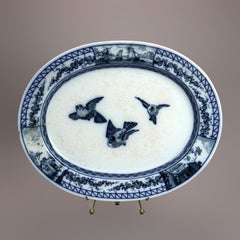 Antique French BWM & Co Blue & White Stoneware Bird Platter, c1850