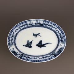 Antique French BWM & Co Blue & White Stoneware Bird Platter, c1850