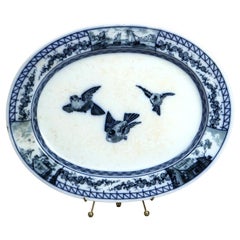 Antique French BWM & Co Blue & White Stoneware Bird Platter, c1850