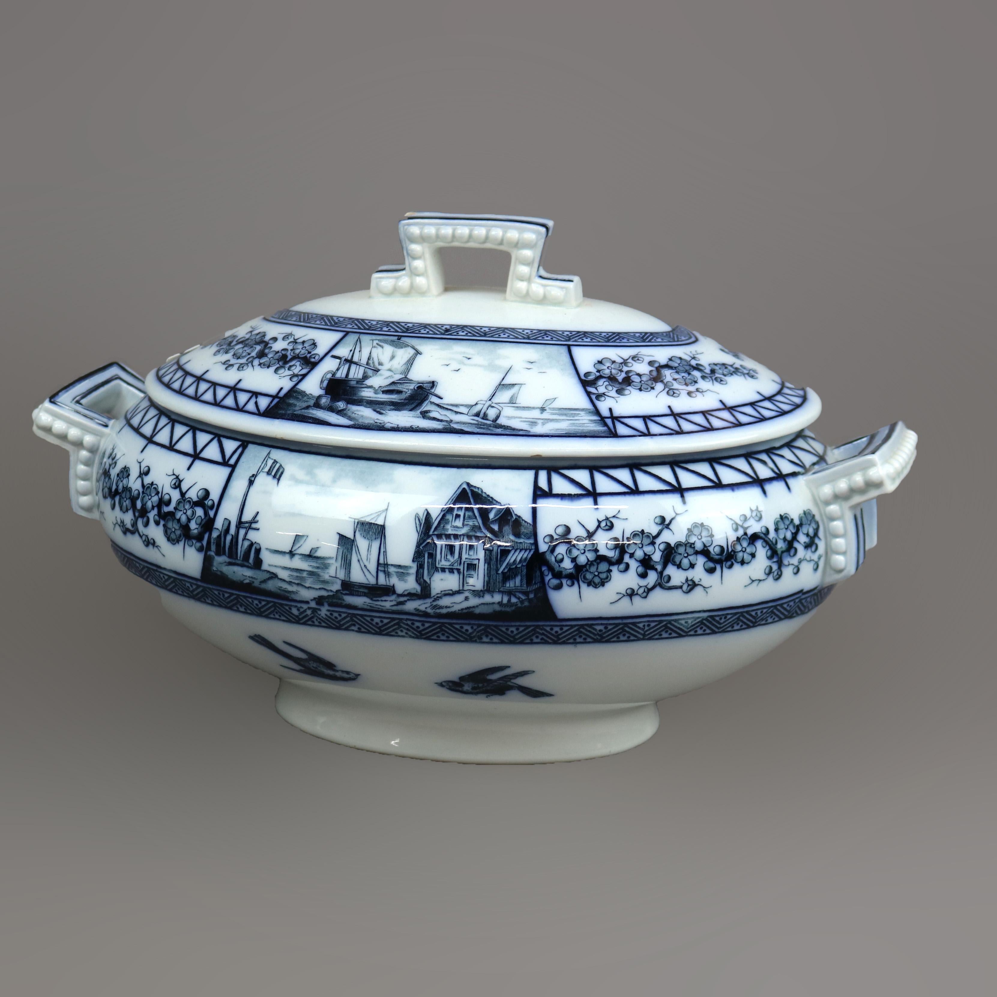 An antique French lidded tureen by BWM & Co. offers glazed pottery construction with well having birds in flight with surround having reserves including maritime seascape and windmill scenes, maker mark en verso as photographed, reminiscent of