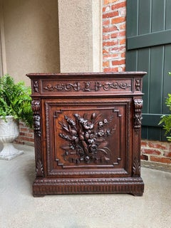 Antique French Cabinet Carved Oak Black Forest Floral Renaissance Foyer Table