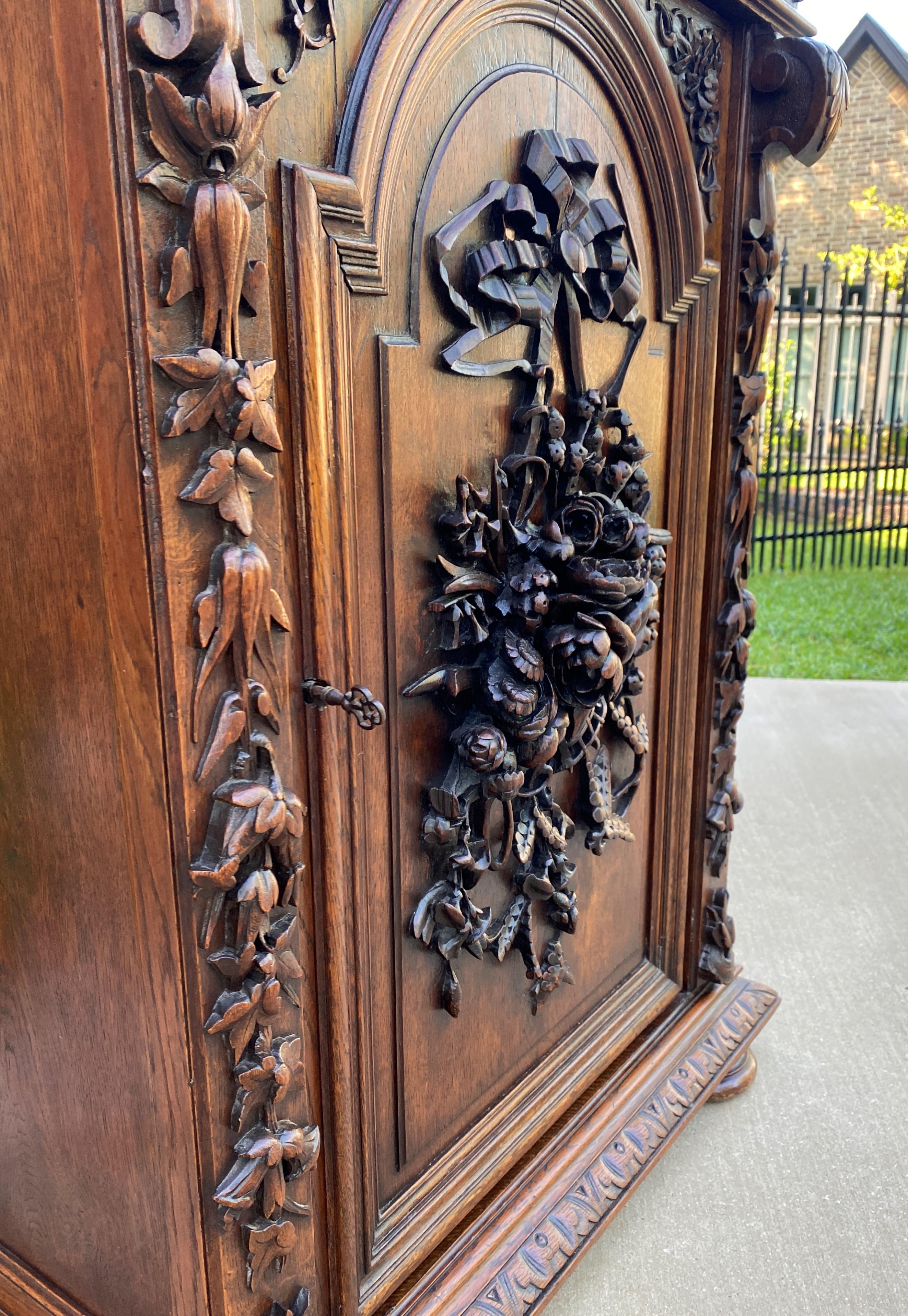 Antique French Cabinet Chest Bookcase Carved Oak Renaissance Revival Roses Tall 6