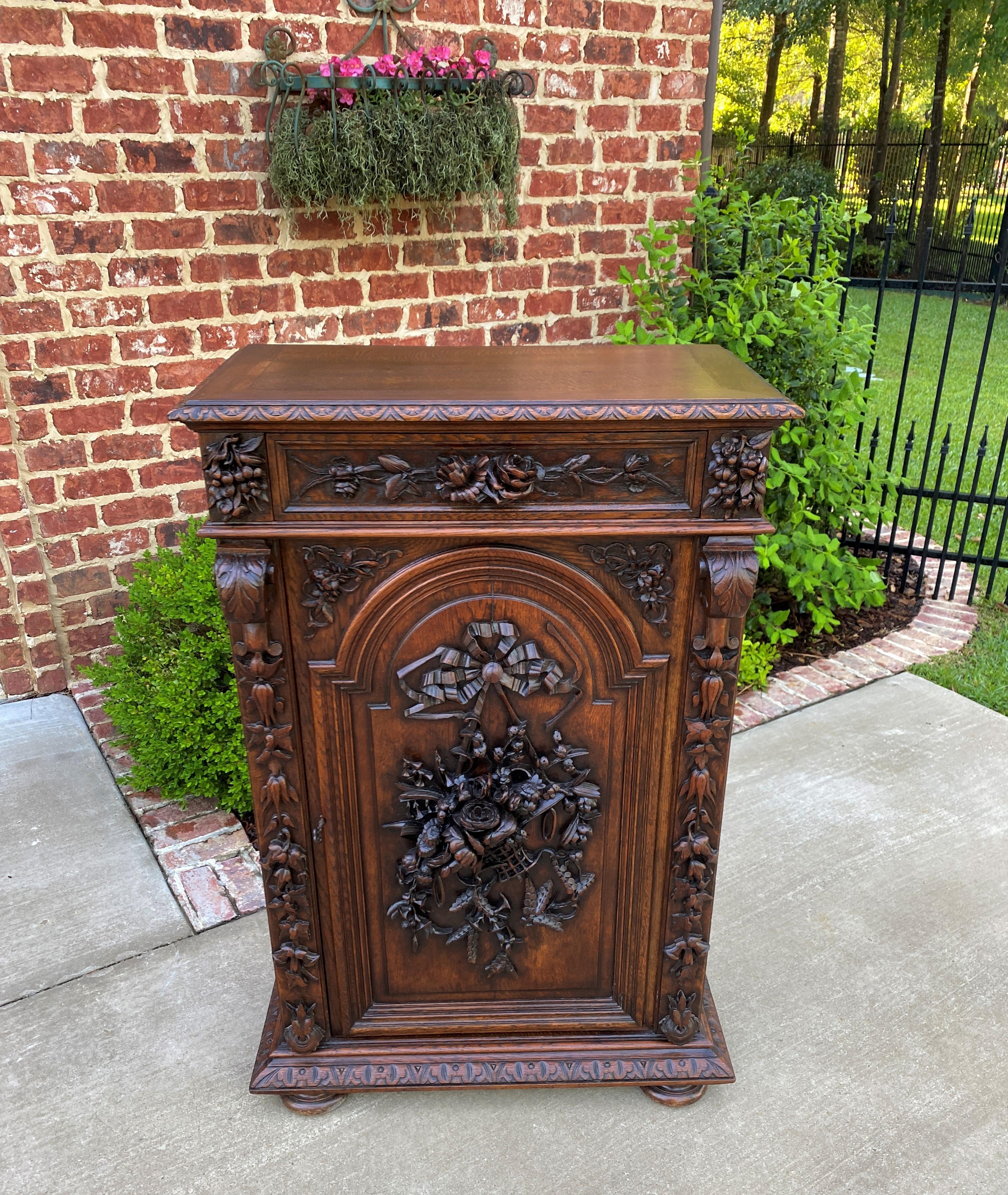 Antique French Cabinet Chest Bookcase Carved Oak Renaissance Revival Roses Tall 8