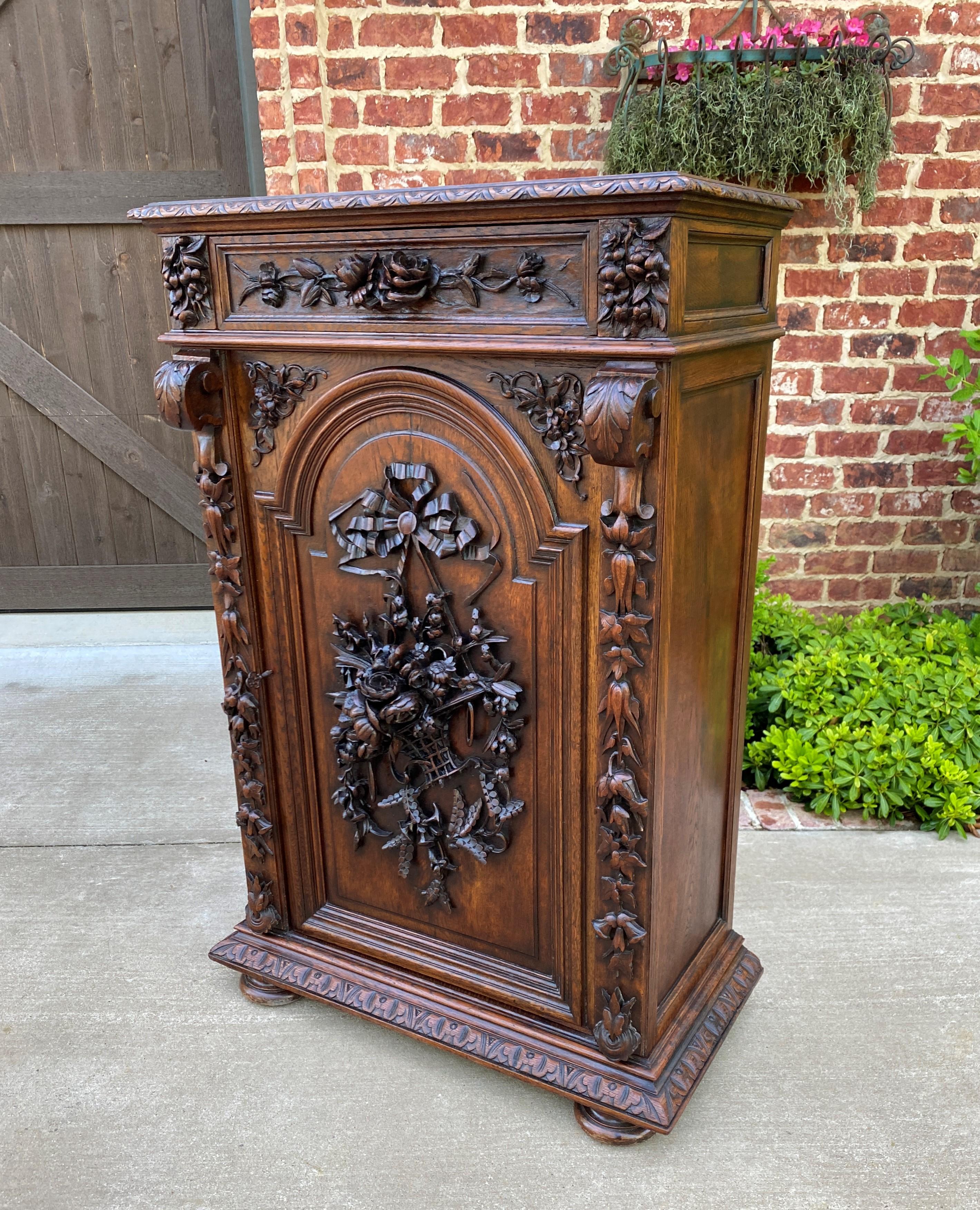 Antique French Cabinet Chest Bookcase Carved Oak Renaissance Revival Roses Tall 9