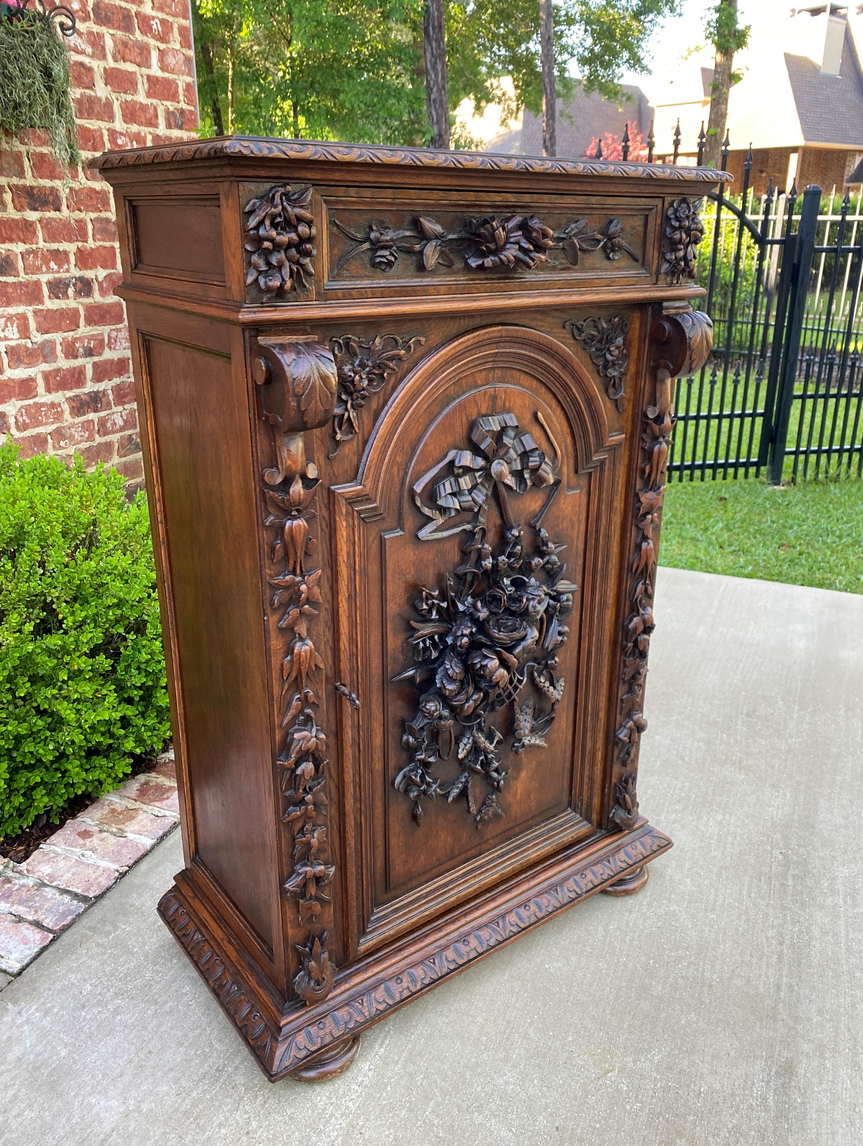 Antique French Cabinet Chest Bookcase Carved Oak Renaissance Revival Roses Tall 11