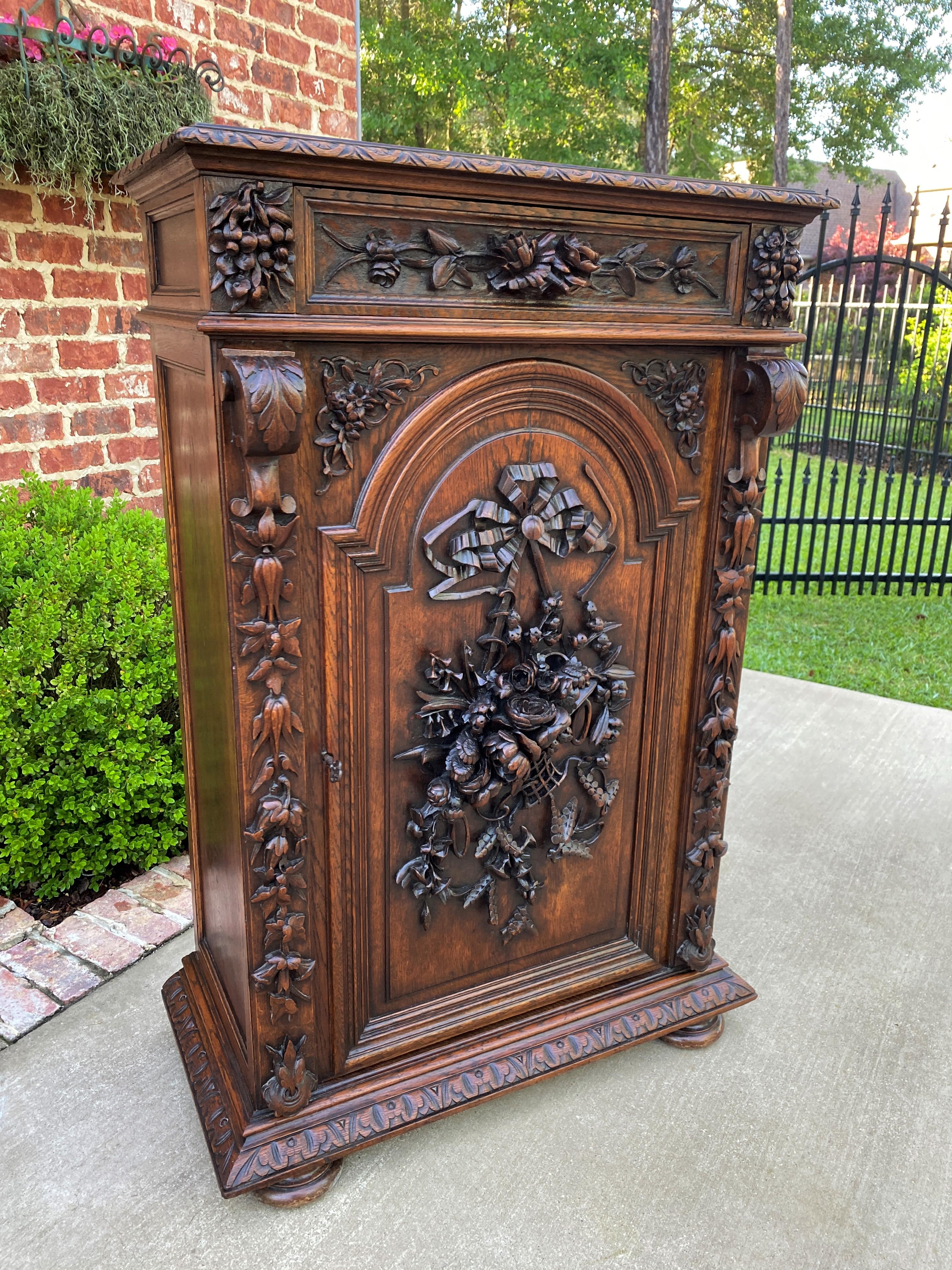 Antique French Cabinet Chest Bookcase Carved Oak Renaissance Revival Roses Tall 13