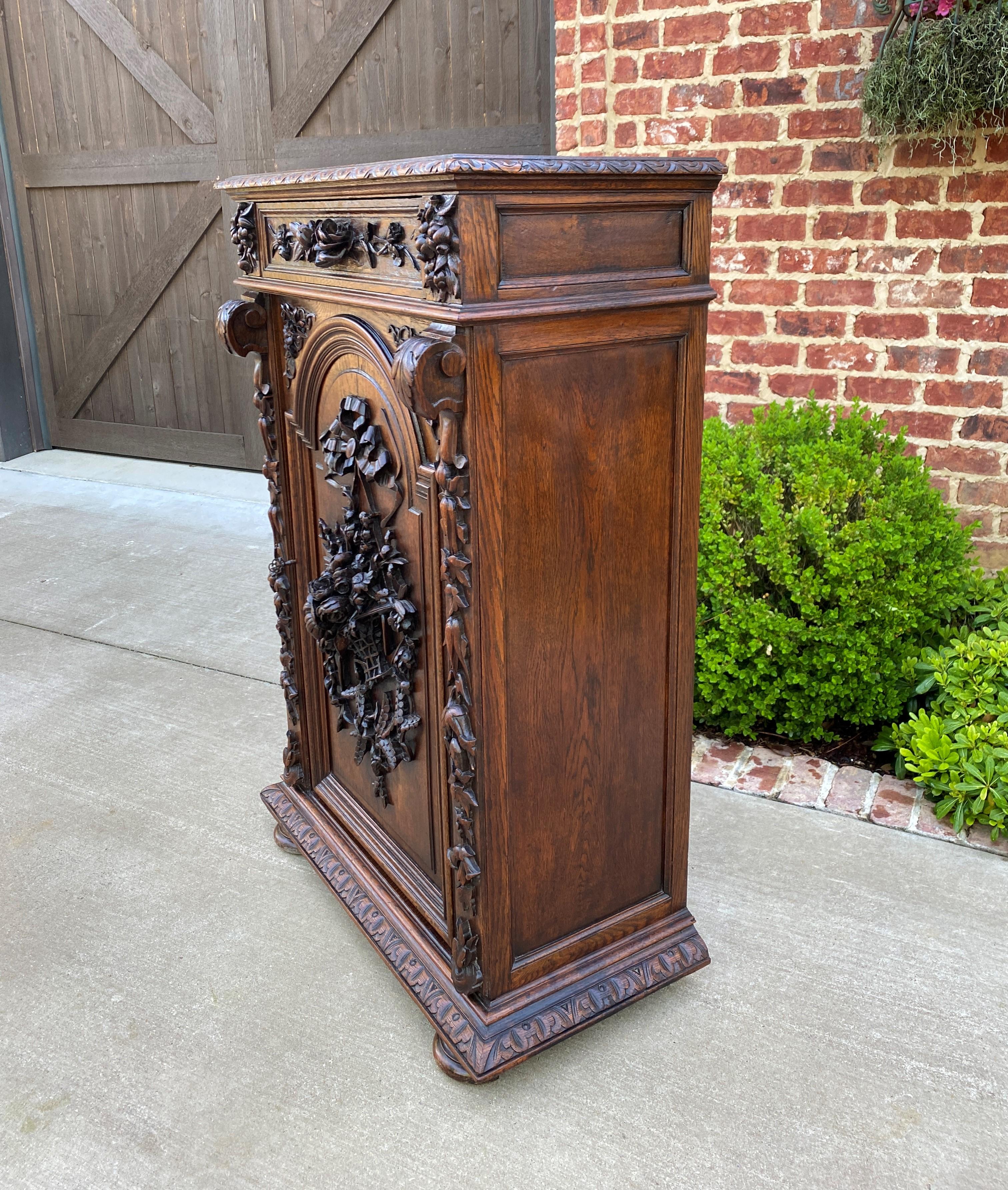 Late 19th Century Antique French Cabinet Chest Bookcase Carved Oak Renaissance Revival Roses Tall
