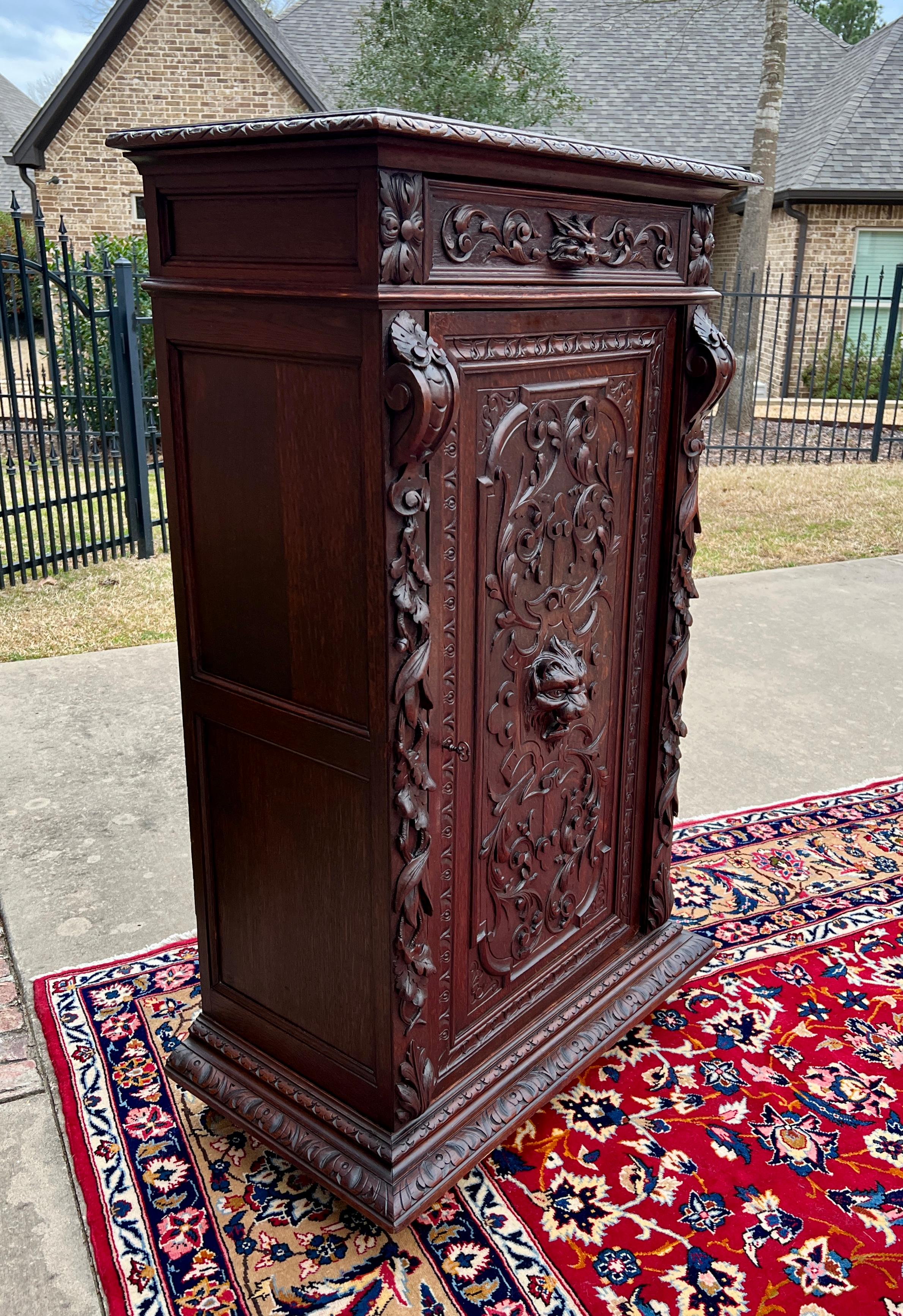 Antique French Cabinet Cupboard Bookcase Storage Drawer Carved Lion Oak 19th C. in vendita 9