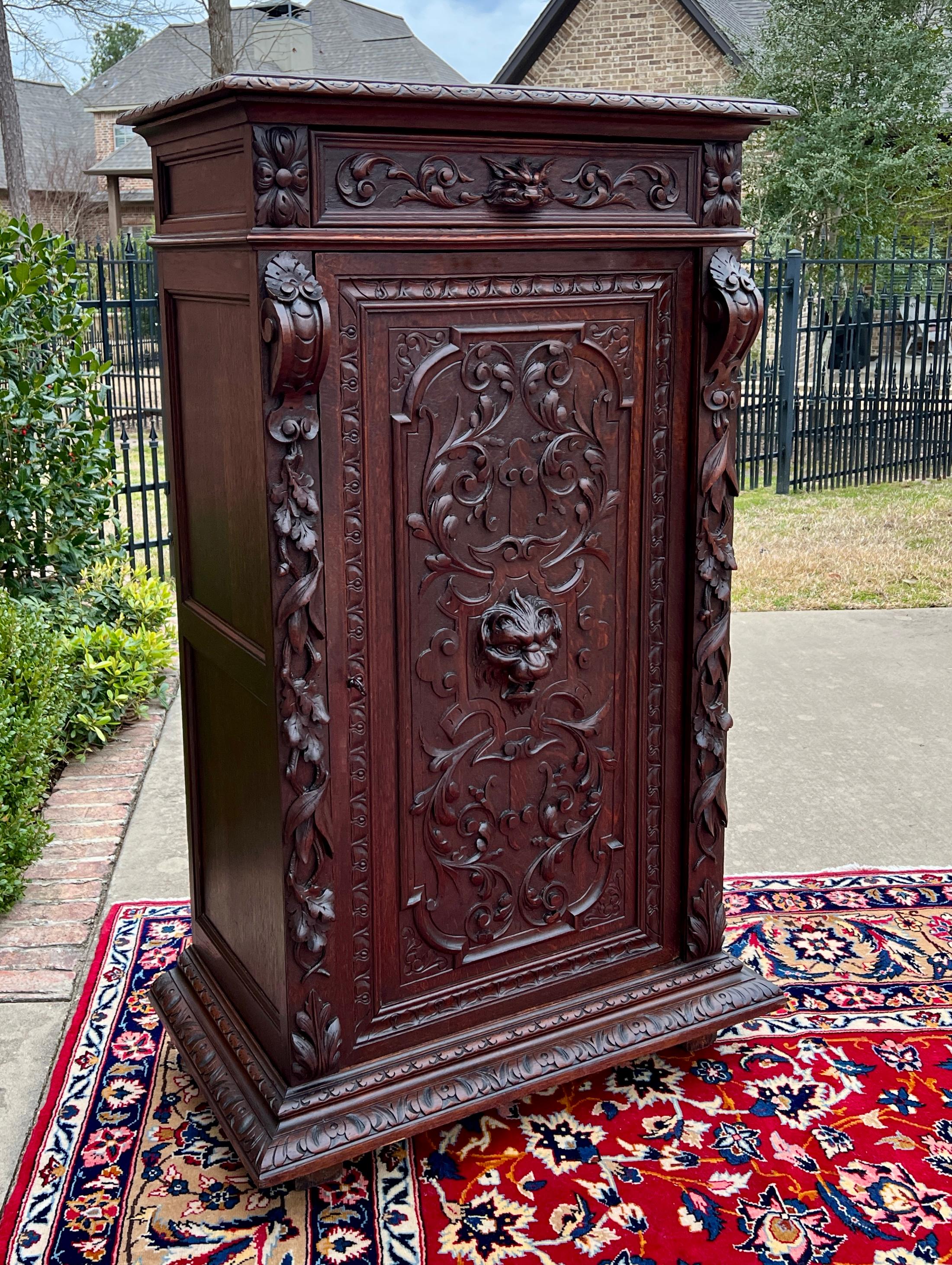 Neorinascimentale Antique French Cabinet Cupboard Bookcase Storage Drawer Carved Lion Oak 19th C. in vendita