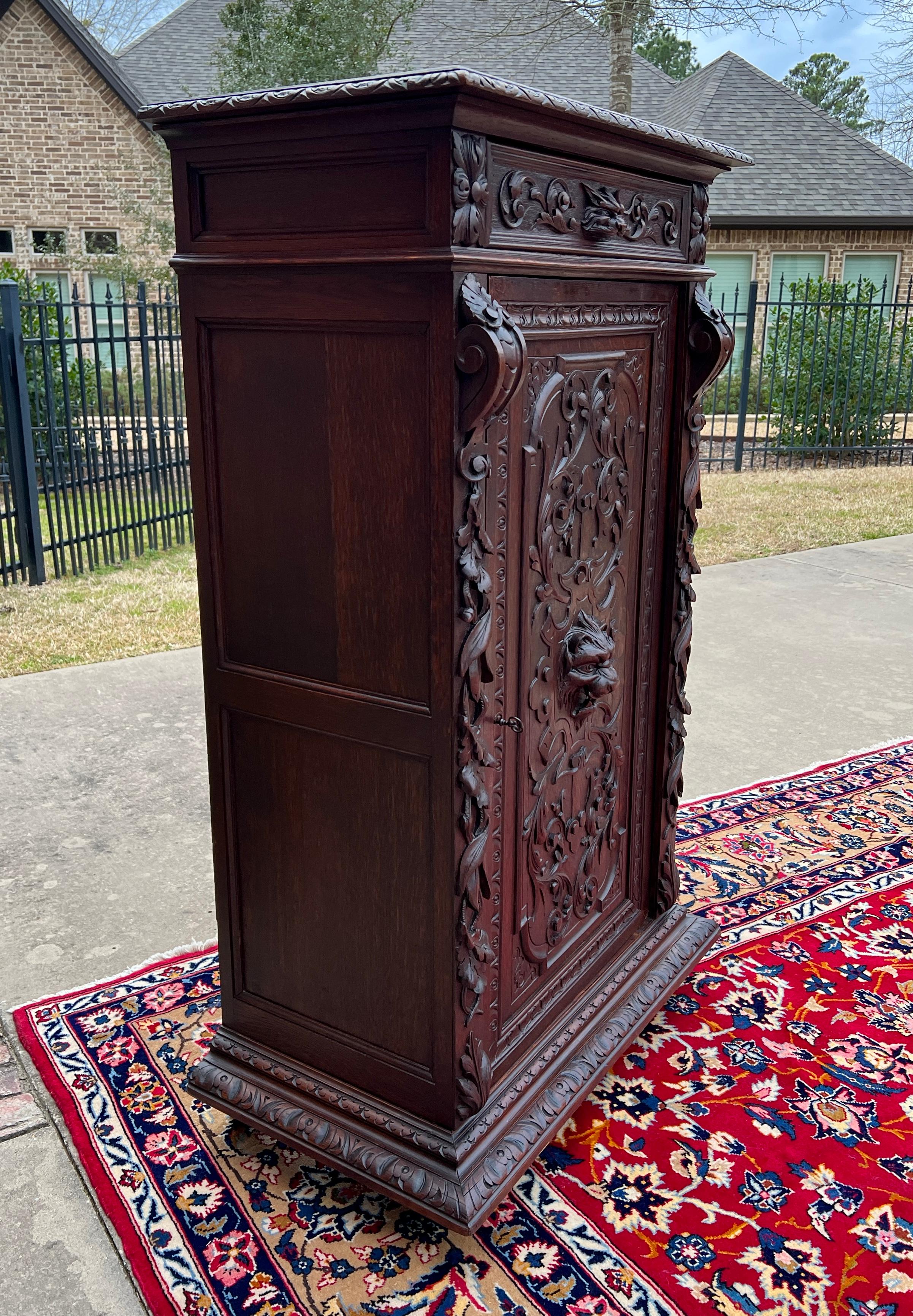 Francese Antique French Cabinet Cupboard Bookcase Storage Drawer Carved Lion Oak 19th C. in vendita
