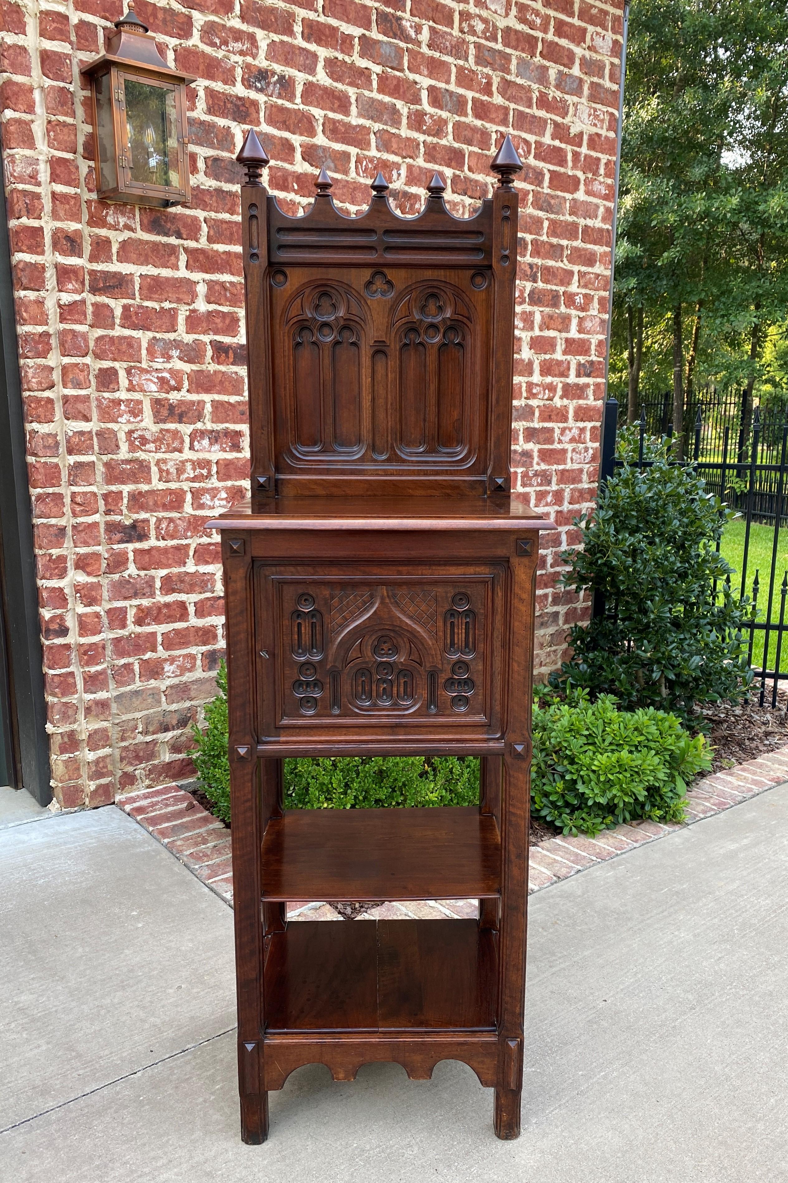 Antique French Gothic Revival carved walnut cabinet, bar, pedestal~~Petite~~c. 1890s-1900

Charming antique cabinet in popular French Gothic Revival style~~carved tracery, quatrefoil and spire accents~~interior cabinet for storage and two lower