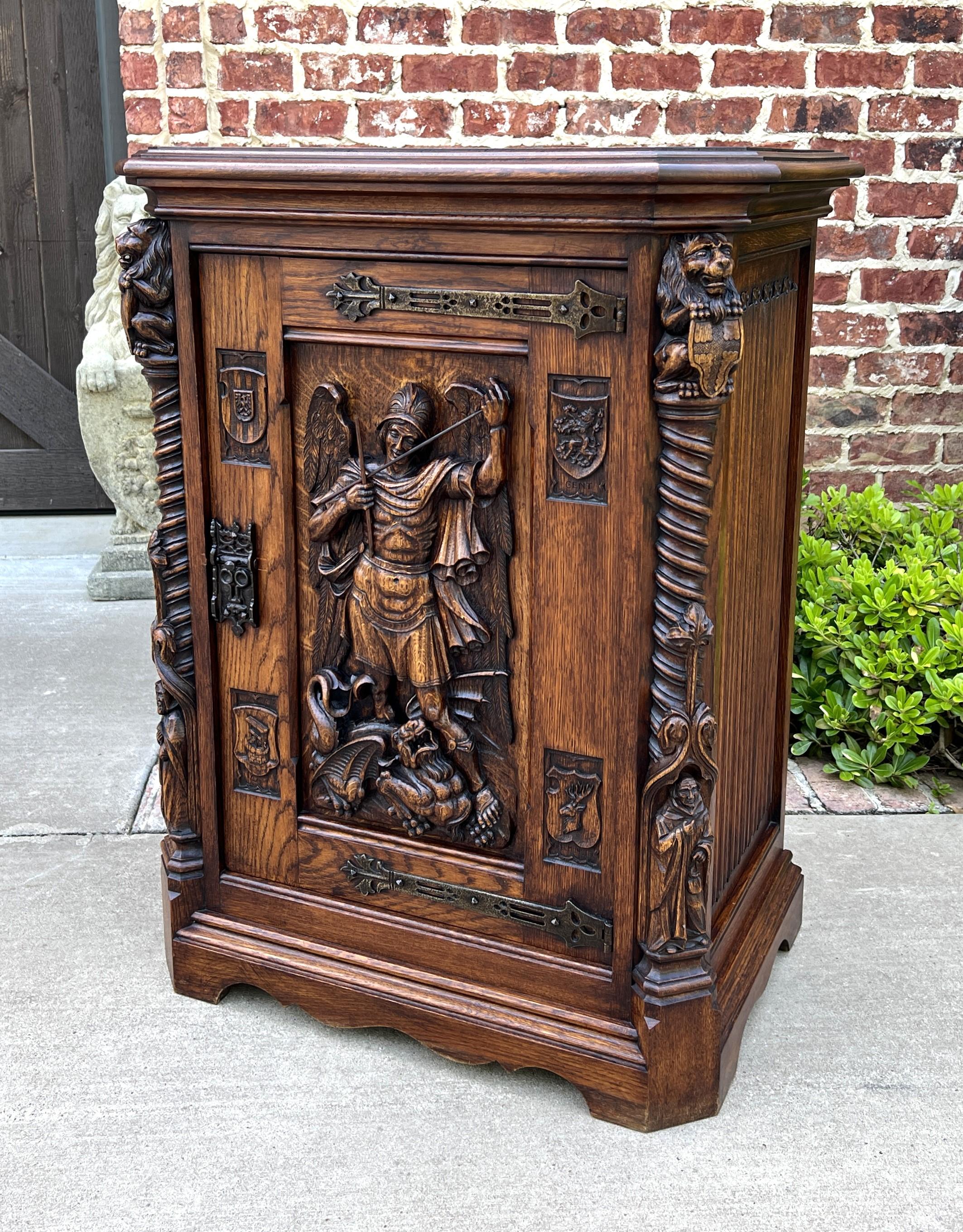 Carved Antique French Cabinet Cupboard St. Michael Barley Twist Renaissance Lions 19thC