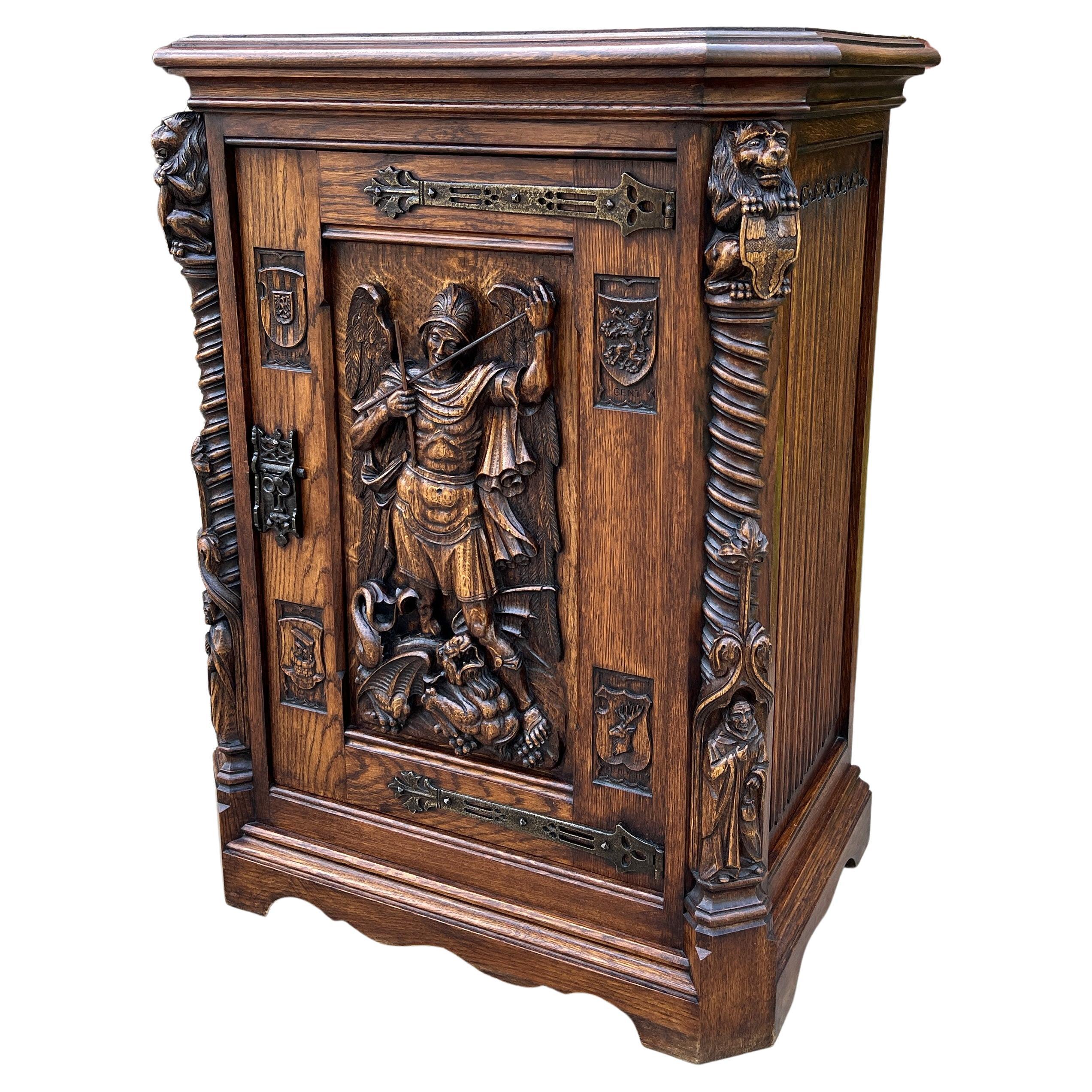 Antique French Cabinet Cupboard St. Michael Barley Twist Renaissance Lions 19thC