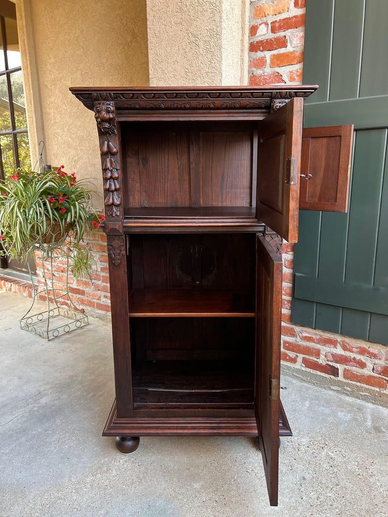 Antique French Renaissance Carved Oak Bookcase Wine Cellarette
