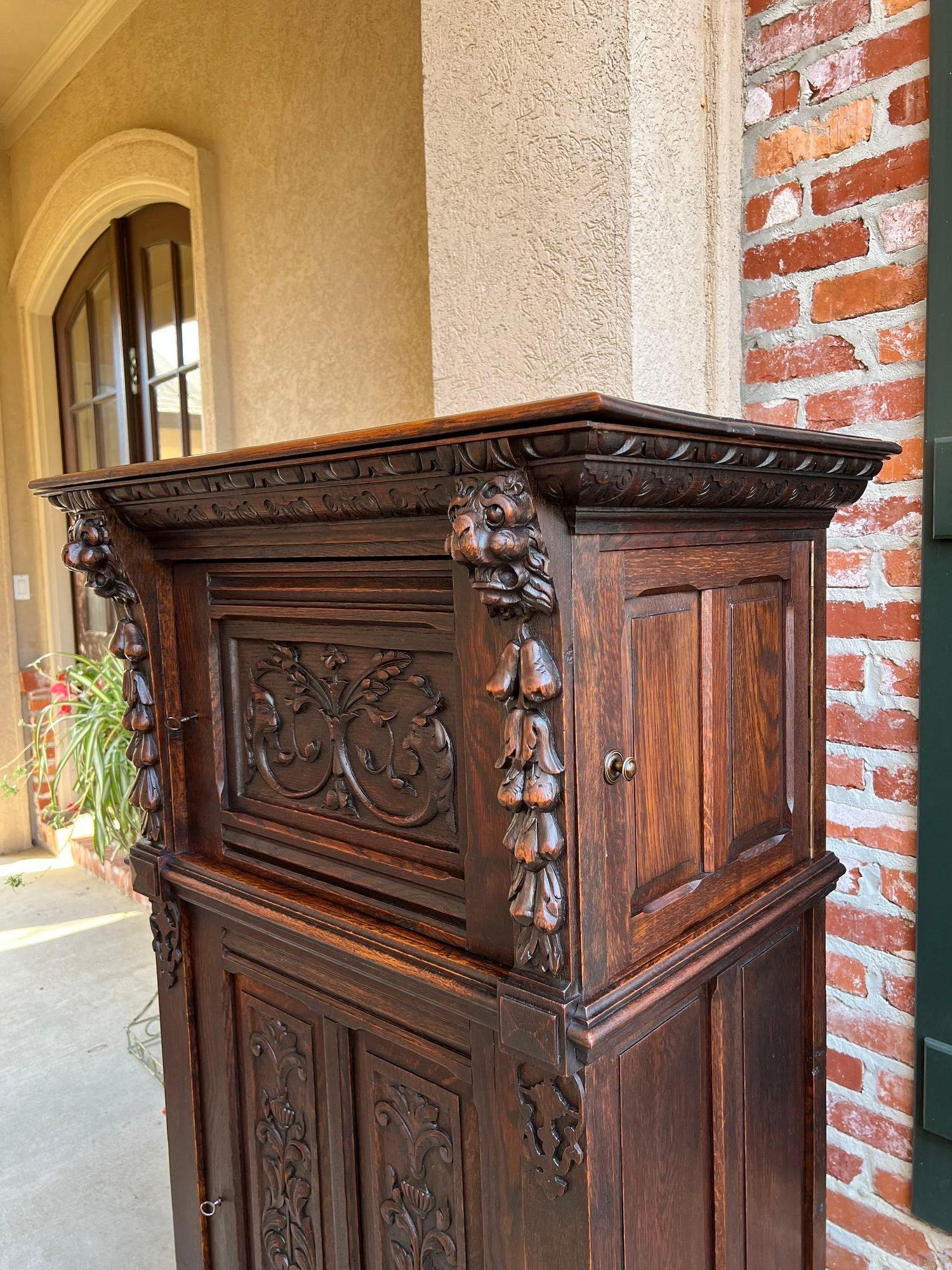 Antique French Cabinet Renaissance Carved Oak Bookcase Wine Cellarette Sideboard For Sale 8