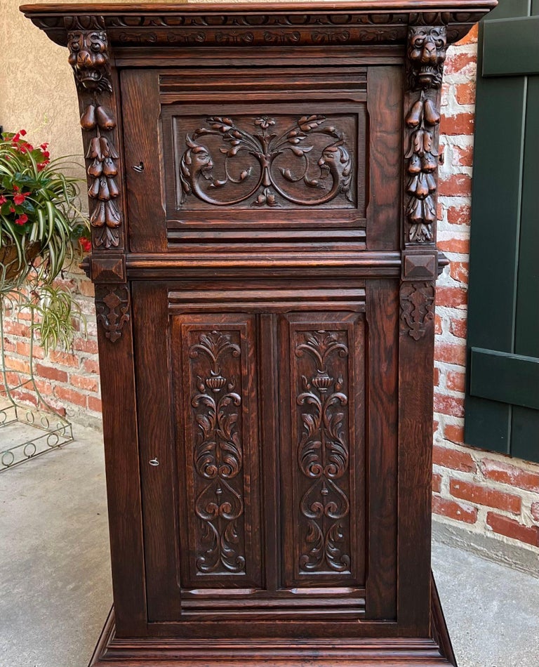 Antique French Renaissance Carved Oak Bookcase Wine Cellarette