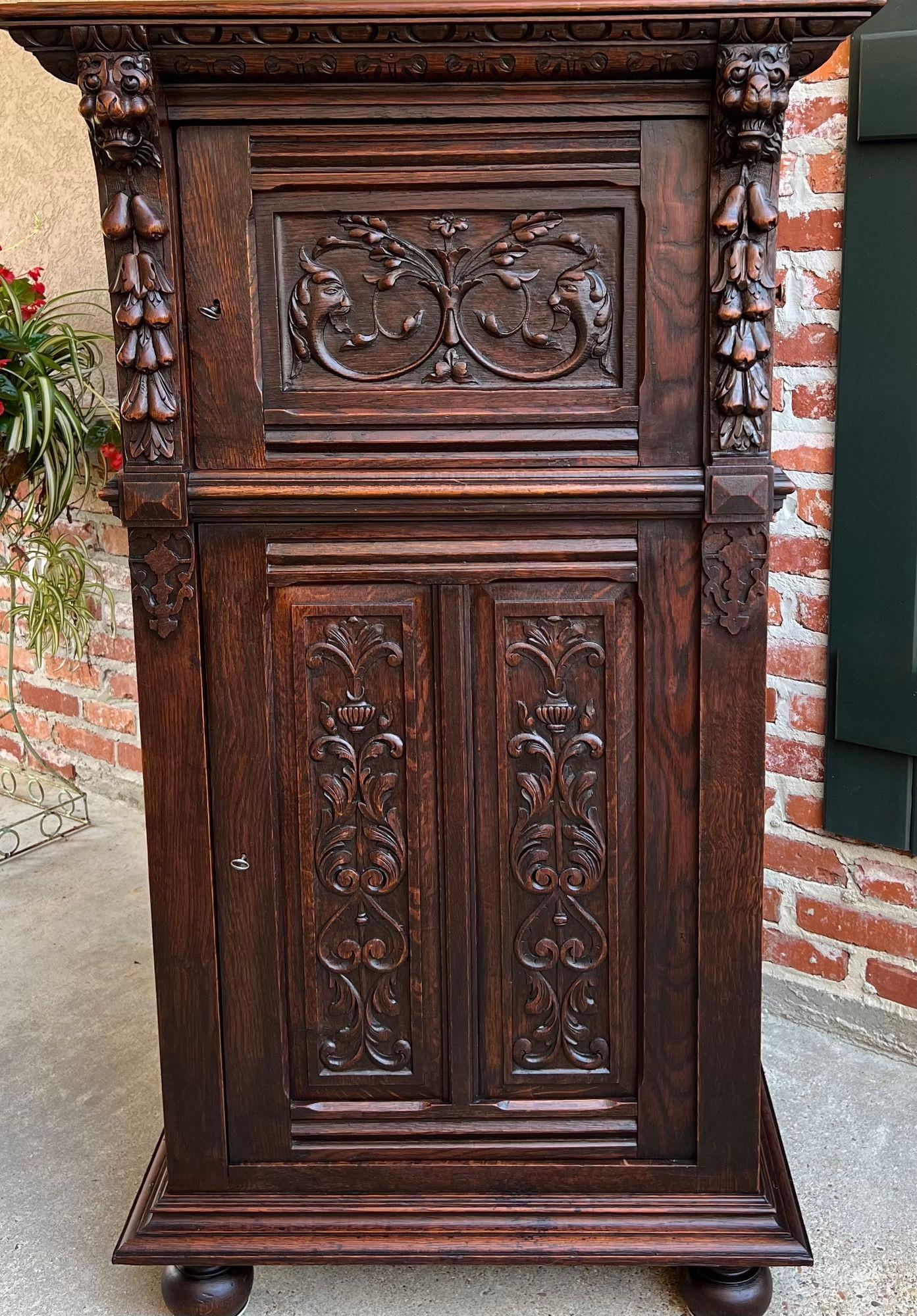 French Provincial Antique French Cabinet Renaissance Carved Oak Bookcase Wine Cellarette Sideboard For Sale