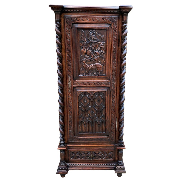 Antique French Cabinet Wardrobe Armoire Bonnetiere Oak Gothic Barley Twist  19thc at 1stDibs