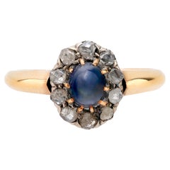 Antique French cabochon sapphire diamond 18k yellow gold silver cluster ring