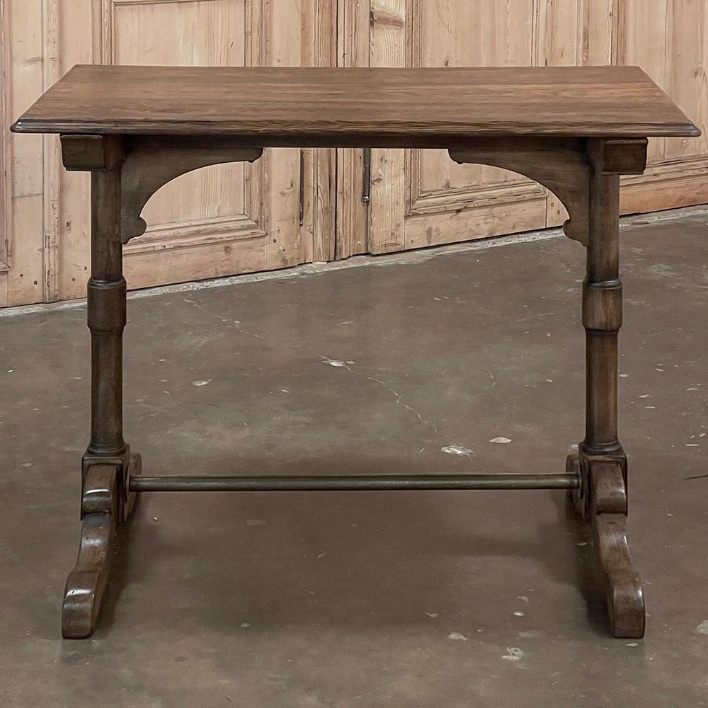 Antique French Cafe Table will make a great addition to any room, plus add a little nostalgic charm!  Hand-crafted from old-growth quarter-sawn oak, it features a subtle Art Nouveau influence in the styling, with distinctive supports both lateral