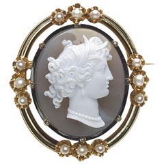 Antique French Cameo Pearl and Diamond Gold Brooch