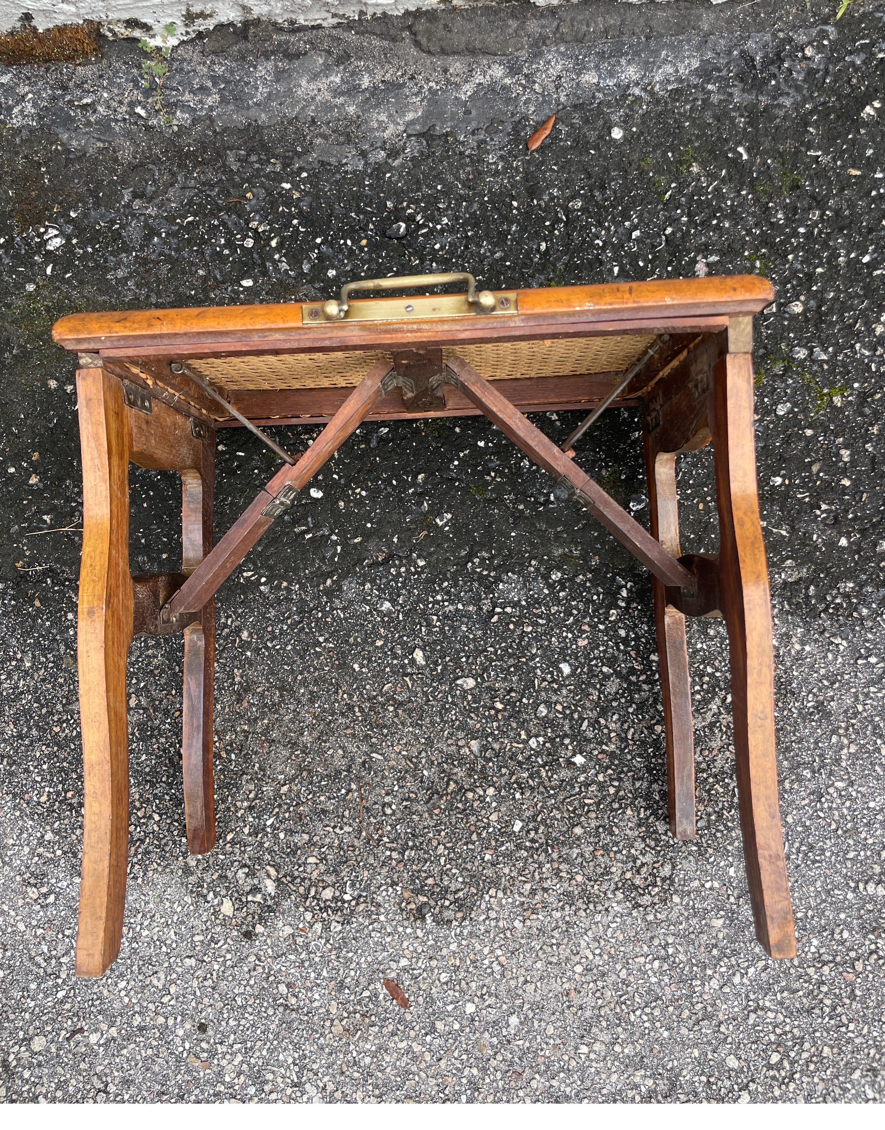 Cane Antique French Campaign Style Folding Stool For Sale
