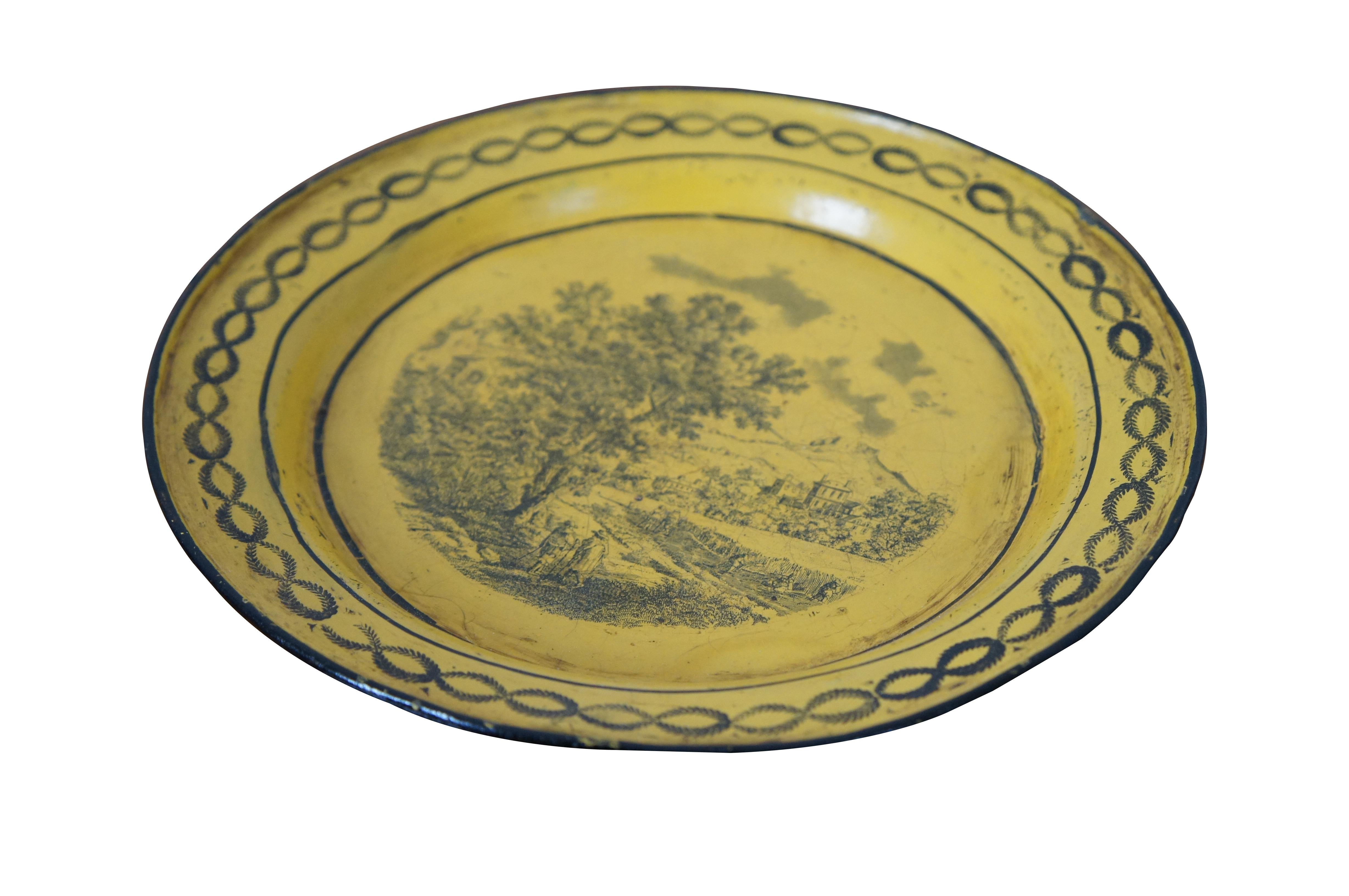 French Provincial Antique French Canary Yellow Metal Tole Transferware Plate W Landscape