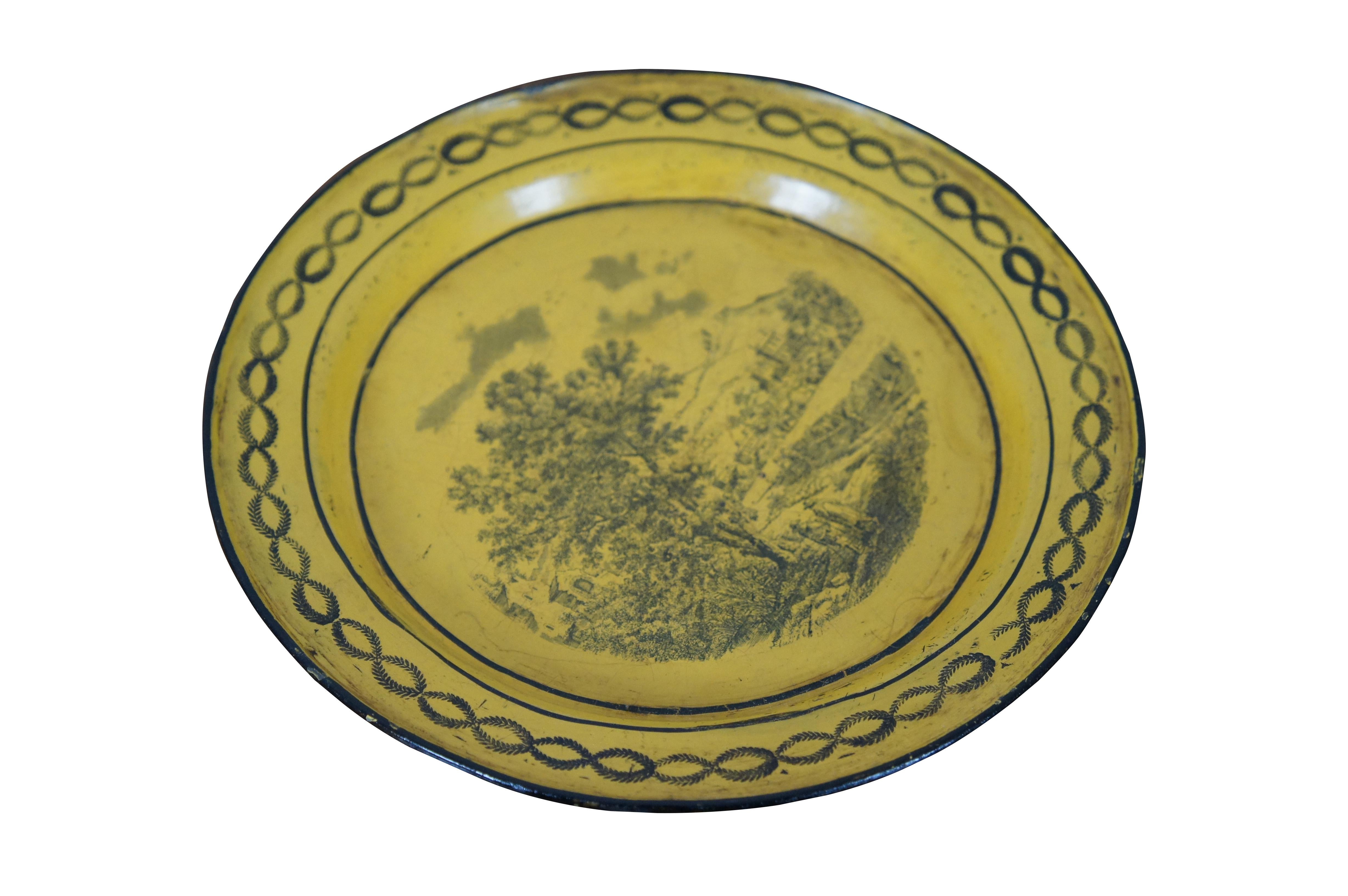 Antique French Canary Yellow Metal Tole Transferware Plate W Landscape In Good Condition In Dayton, OH