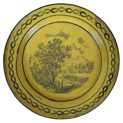 Antique French Canary Yellow Metal Tole Transferware Plate W Landscape