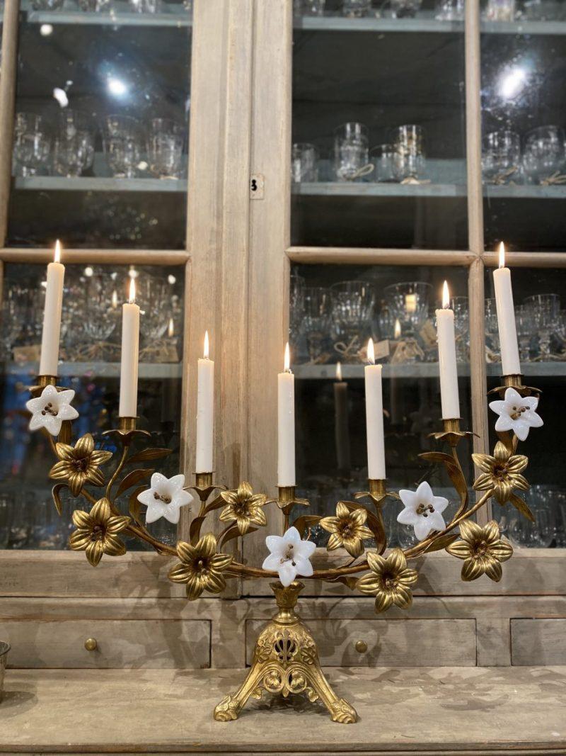 Stunning and broad antique boat-shaped candlestick, beautifully decorated with charming petite floral ornamentation, including details such as rare white opaque glass lilies.

This church /thanksgiving candelabra dates from circa 1900 France or