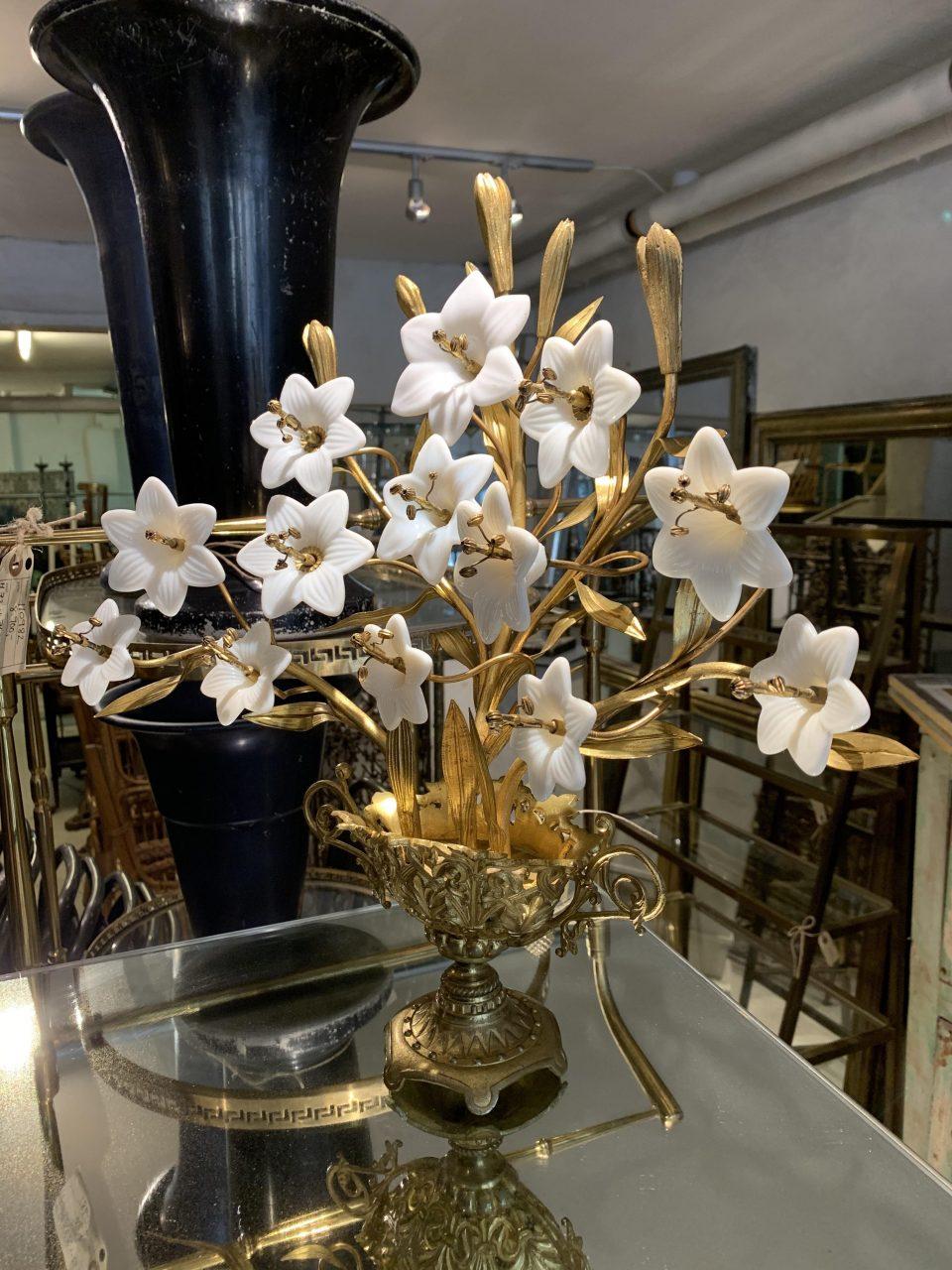 A truly seldom seen and utterly gorgeous antique French church ornament, without the usual candle arms / holder, but instead with countless charming small white opaque glass flowers. This particular kind of candelabra relates to those originating