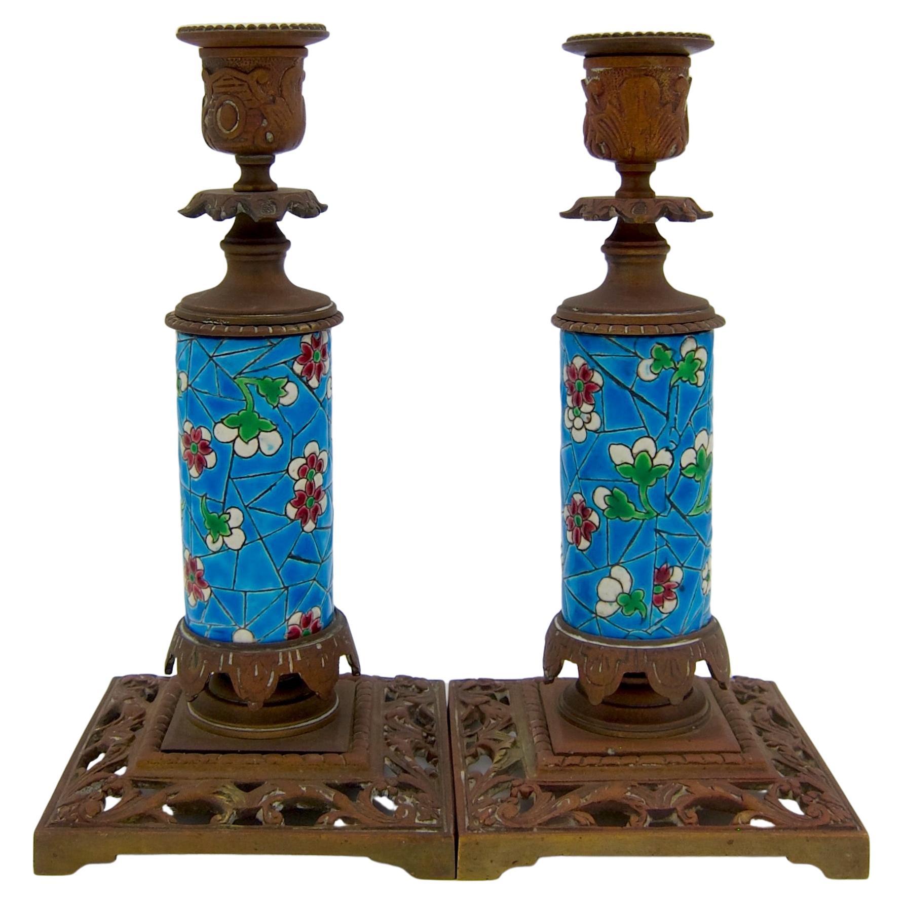 Antique French Emaux de Longwy Candle Holder Pair in Bronze Frame