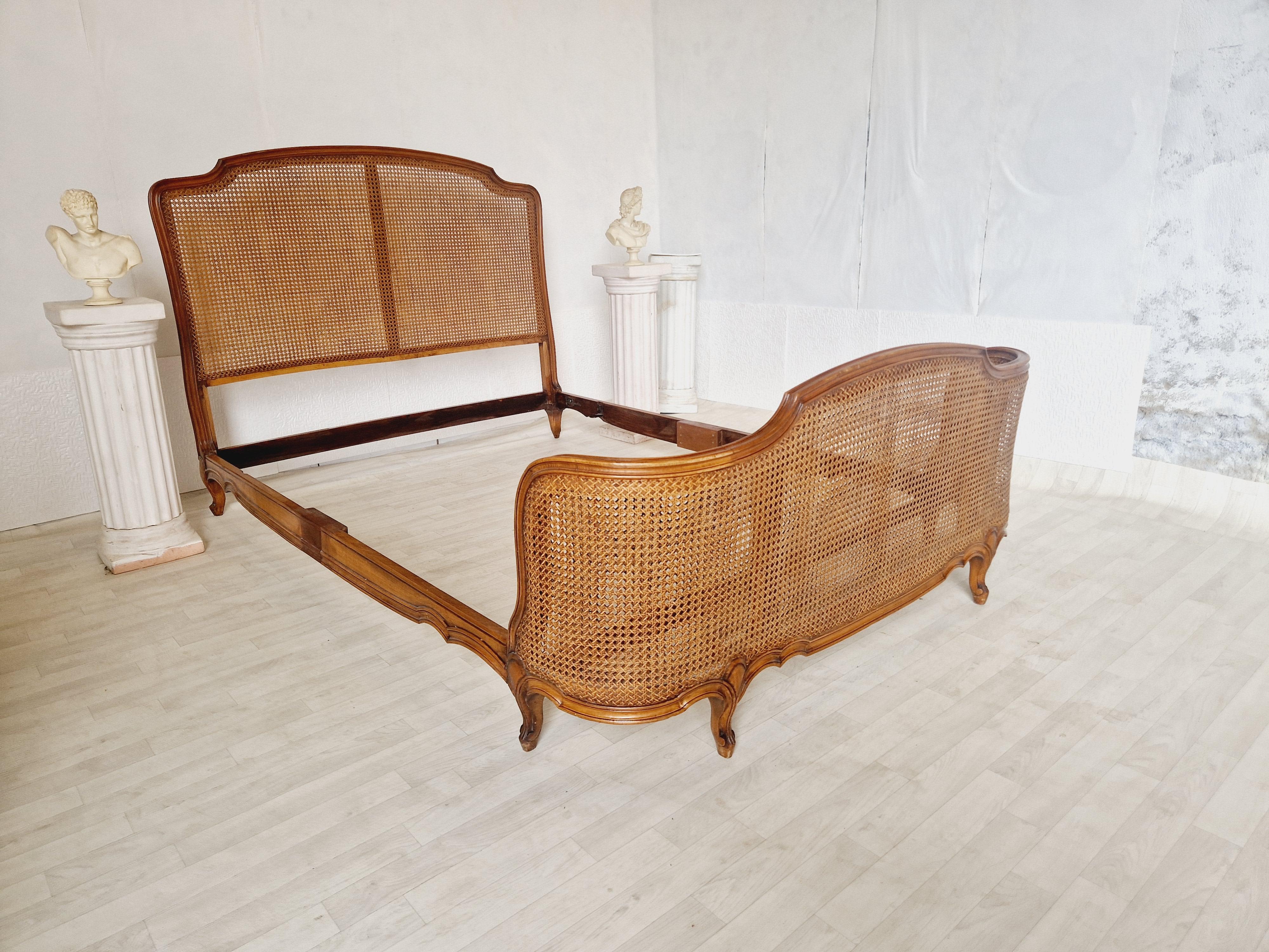 Varnished Antique French Cane Bed Corbeille Louis XV Style