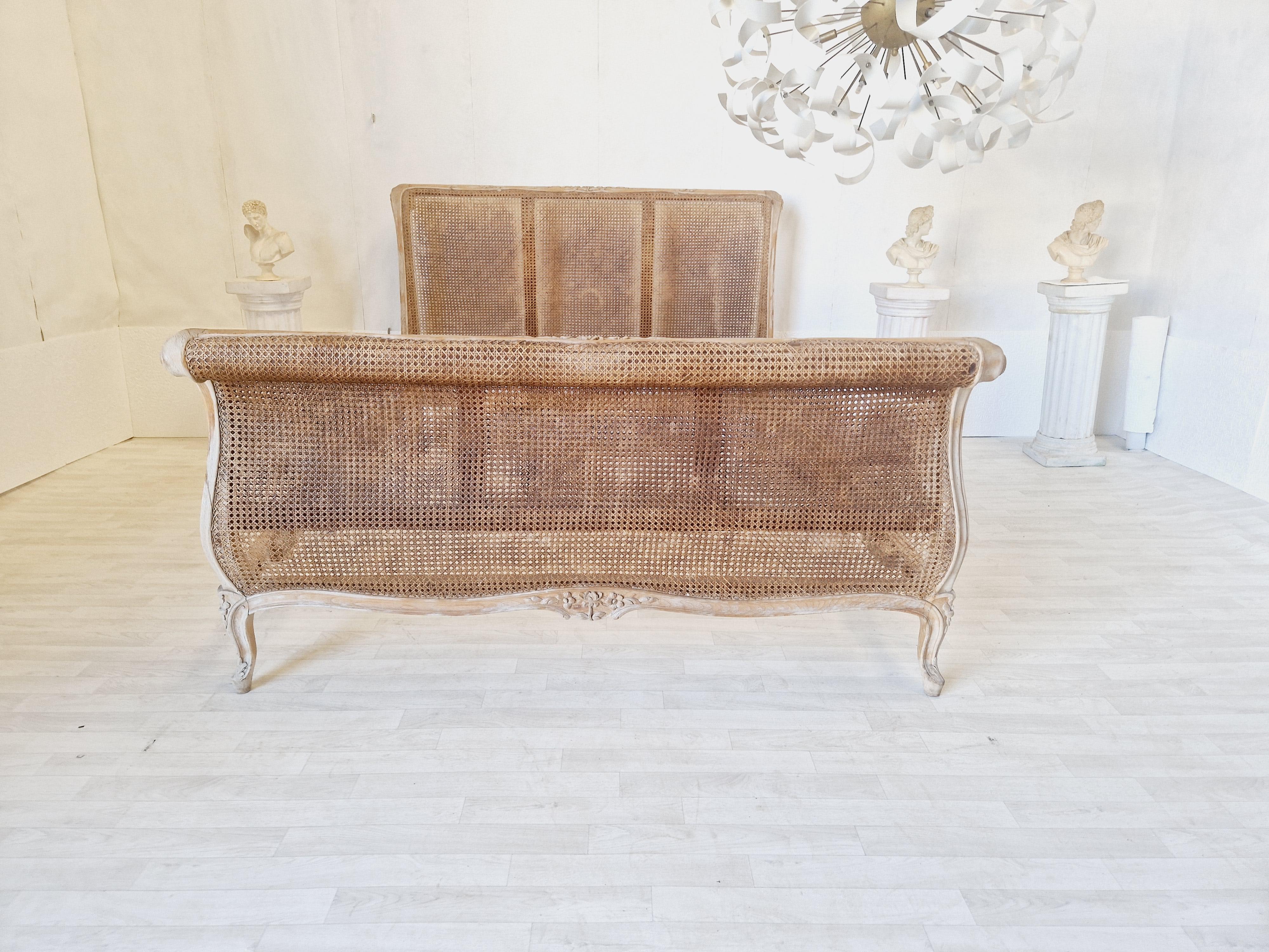 Carved Antique French Cane Bed Louis XV Sleigh Style For Sale